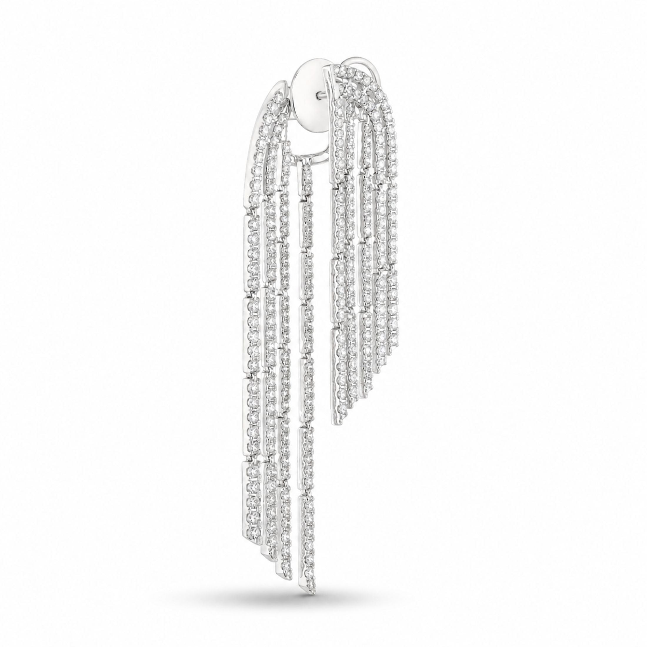 Side view of Leviev Opaline Rain asymmetrical diamond cascade earring in polished white gold