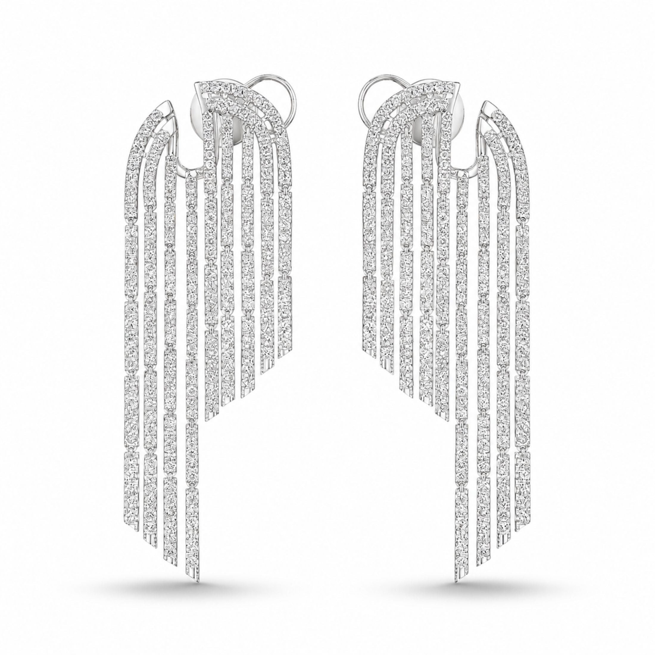 Opaline Rain 18K white gold dangle earrings with cascading multi-strand diamond fringe