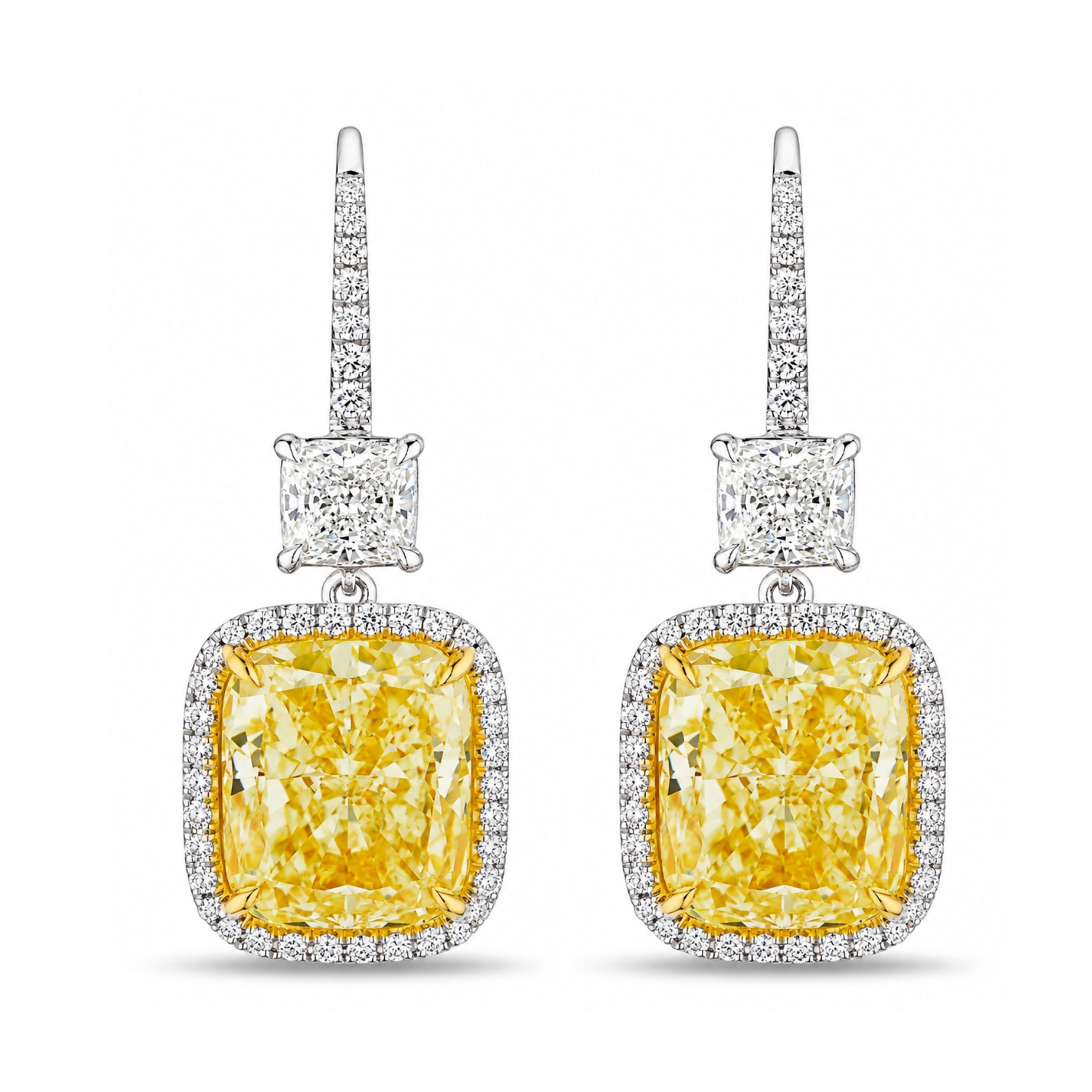 Pair of Leviev Opus Doré cushion-cut yellow diamond drop earrings platinum