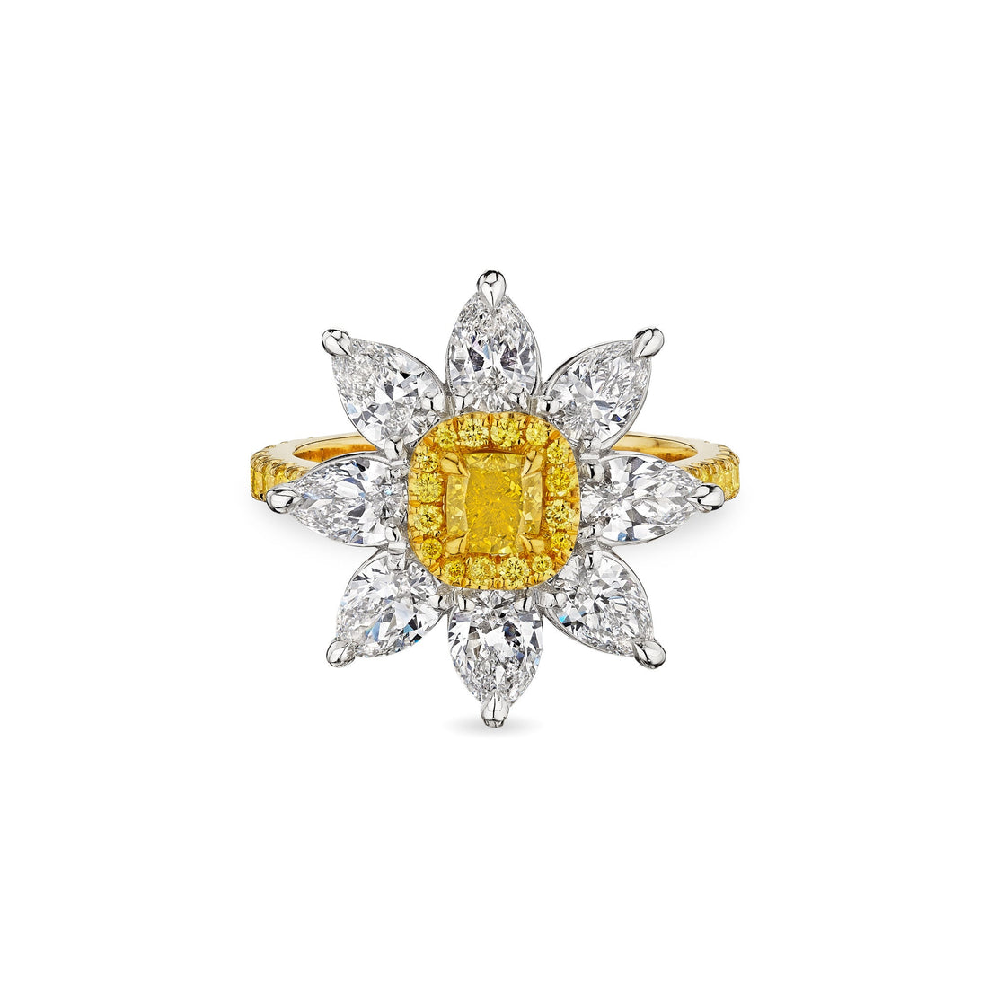 Leviev Orea Bloom flower ring top view with pear-shaped white diamonds