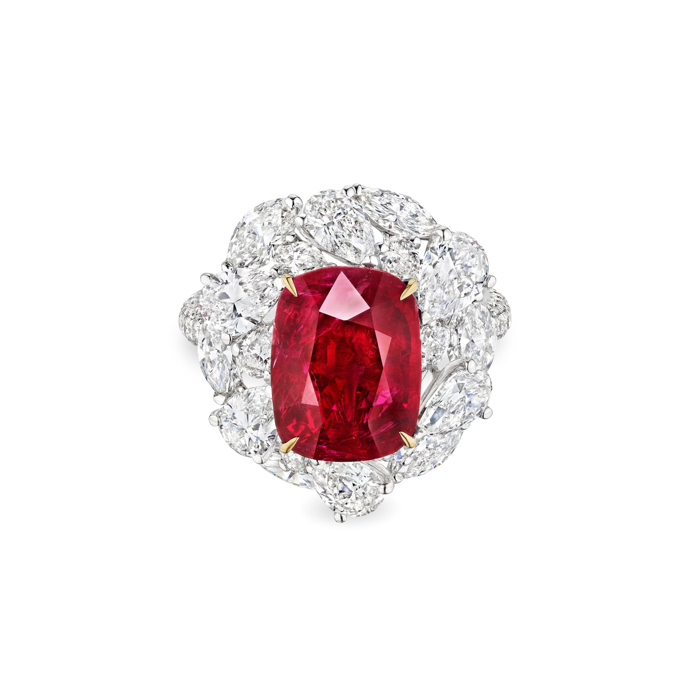 Palais Rouge 8.43 Carat Cushion Cut Ruby & Diamond Ring in 18K White Gold
