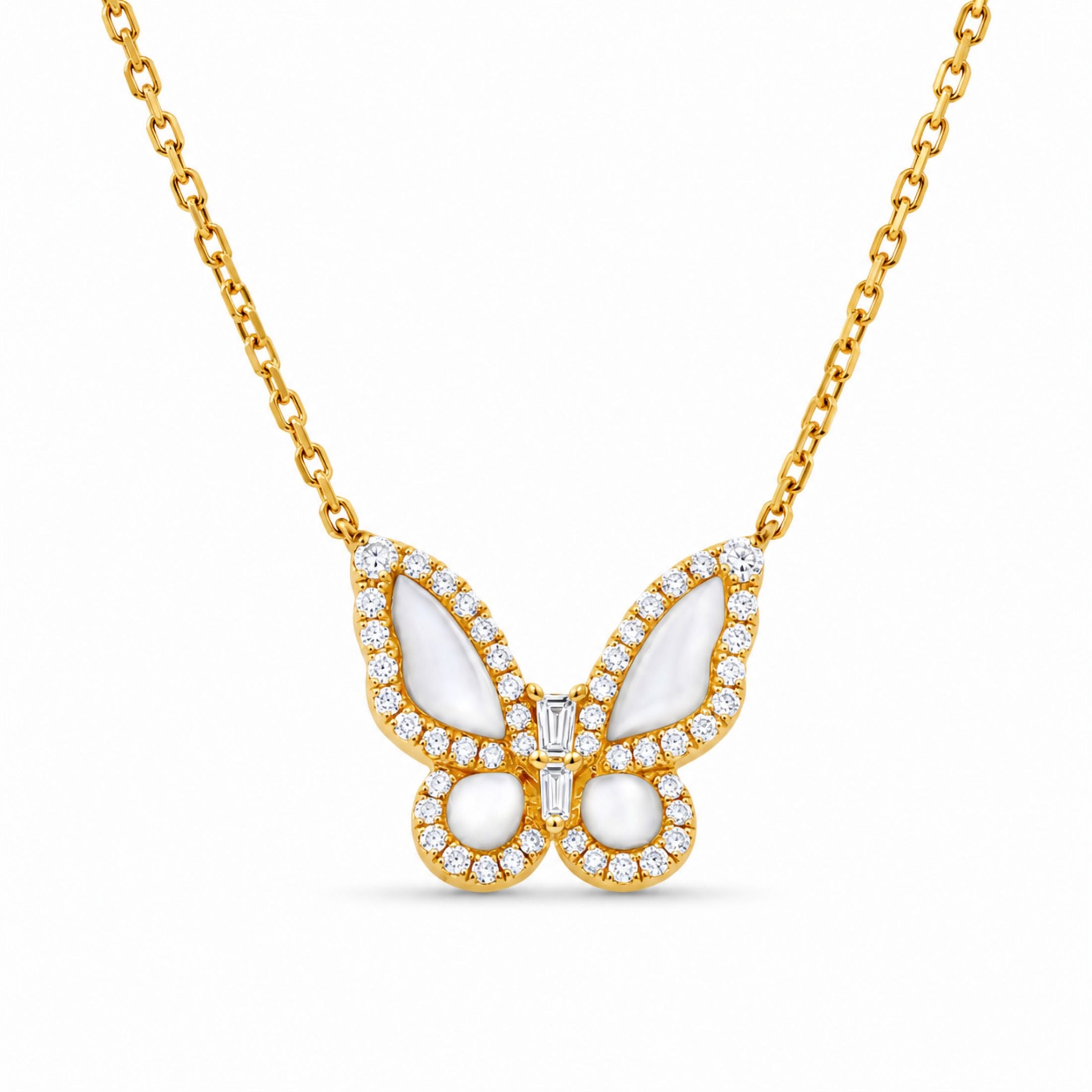 Leviev yellow gold butterfly pendant necklace featuring mother of pearl and diamond accents