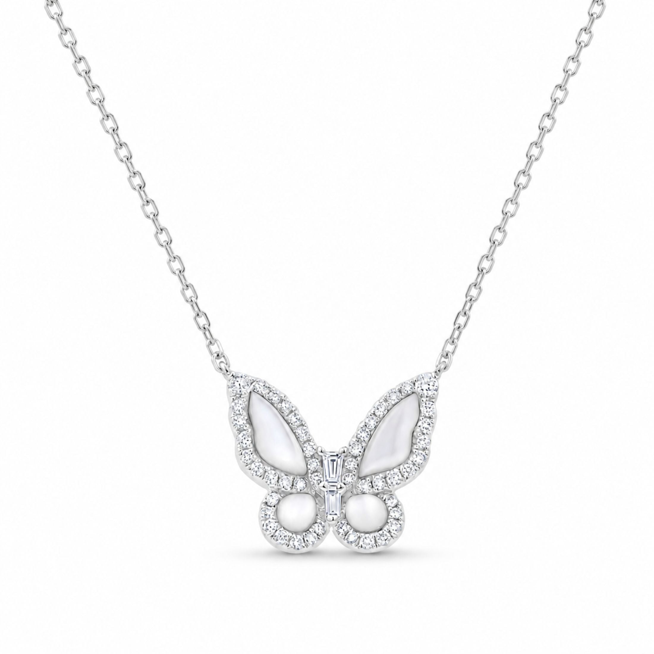Leviev white gold butterfly pendant necklace with mother of pearl wings and diamonds