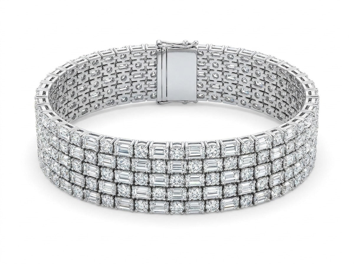 Leviev Parallax multi-row diamond bracelet in 18K white gold with alternating emerald-cut and round brilliant diamonds