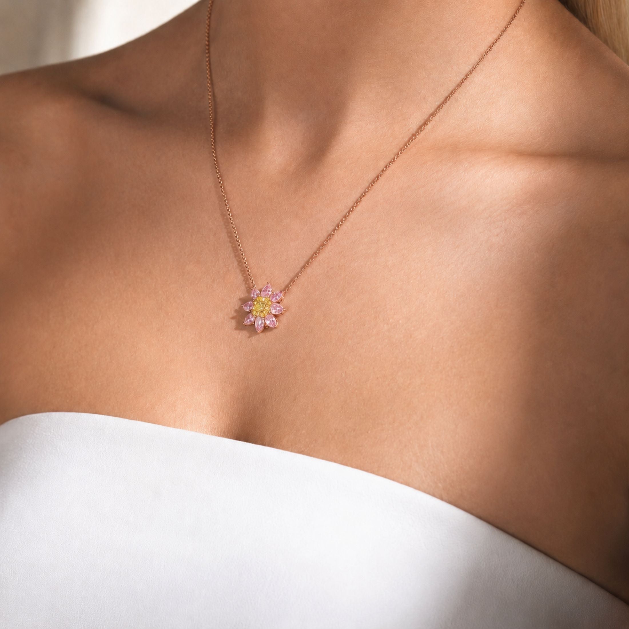 Peonia 2.59 Carat Fancy Yellow & Pink Marquise Diamond Pendant Necklace in 18K Rose Gold