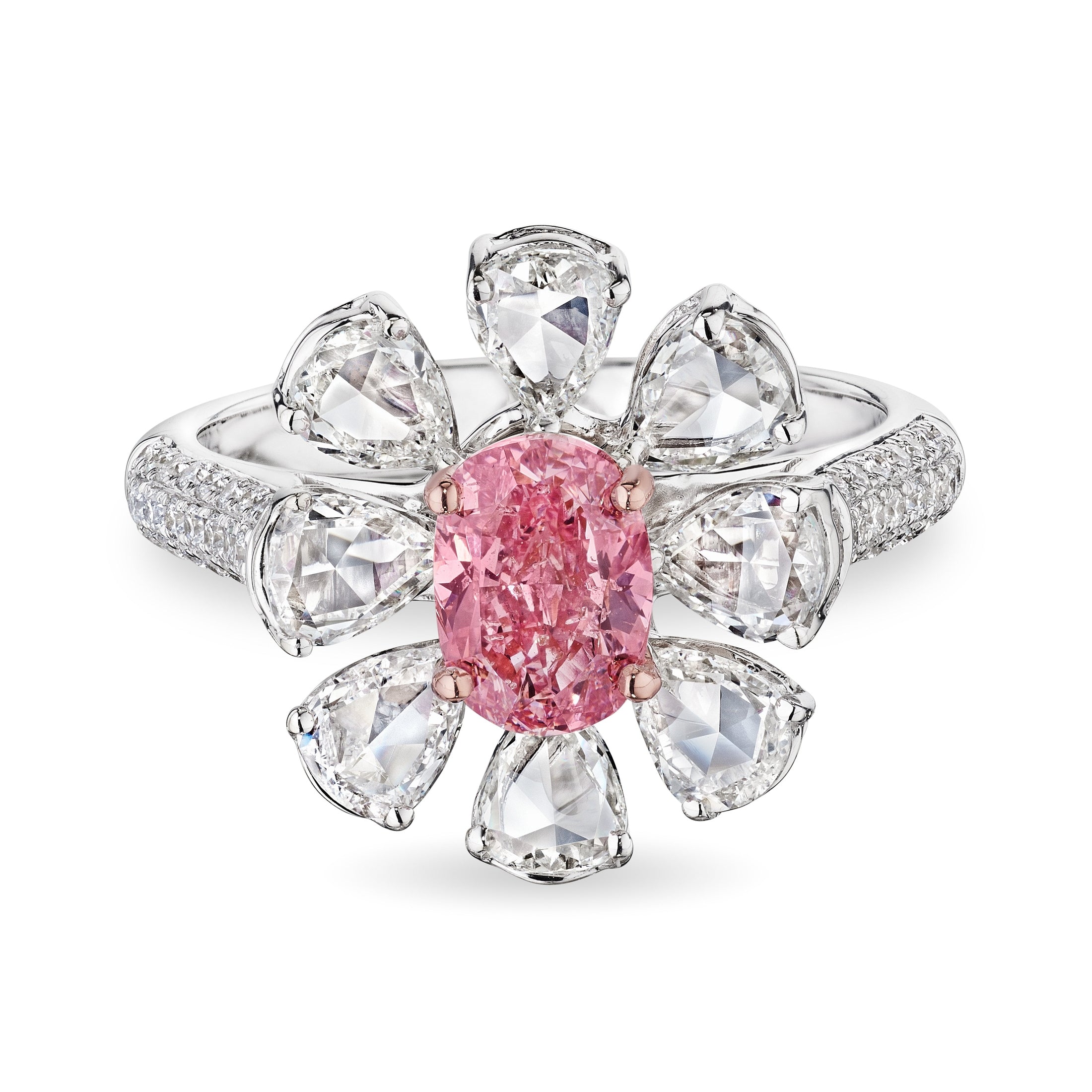 Top-down close-up of Leviev pink oval cluster diamond flower ring design