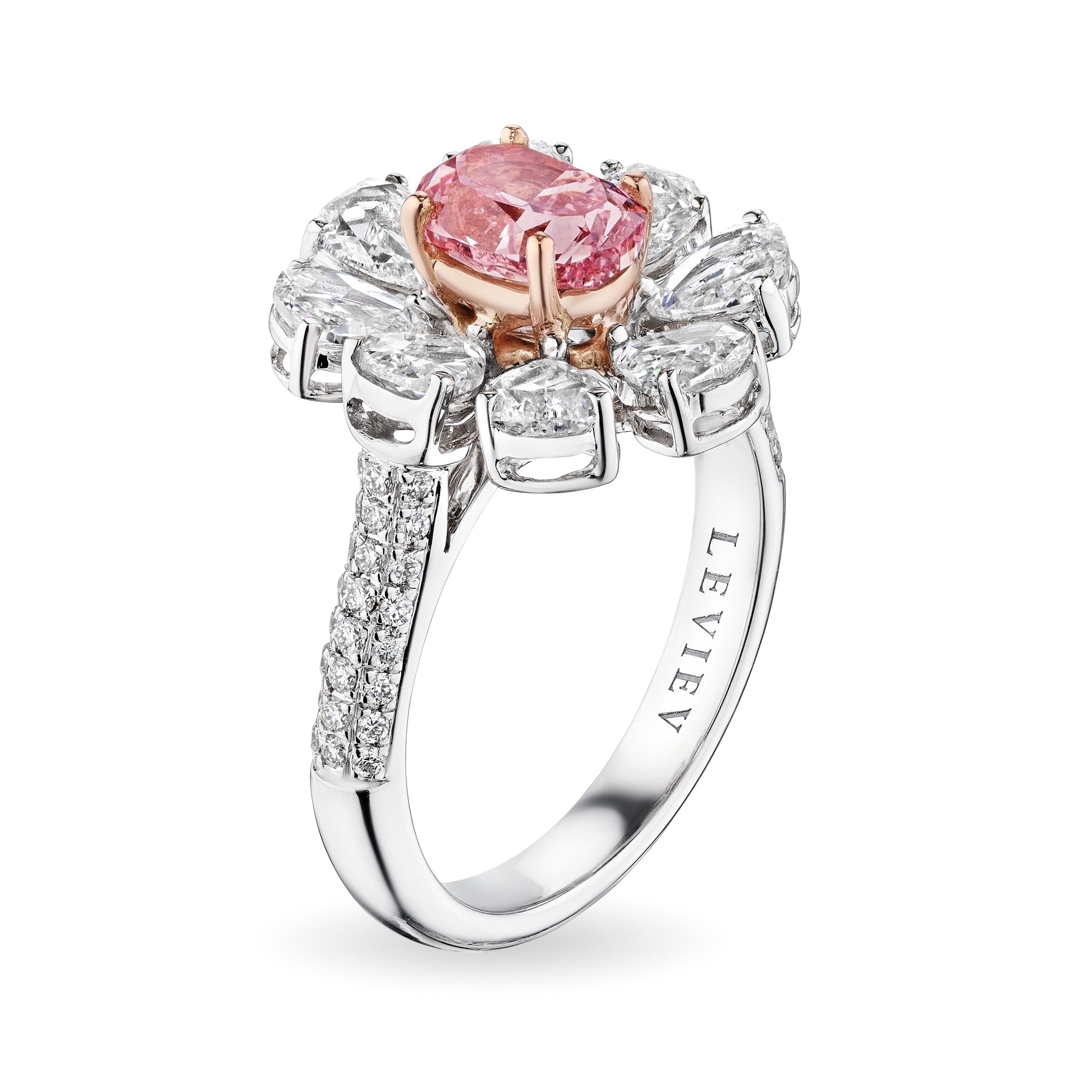 Front view of Leviev pink oval diamond flower ring with engraved inner band