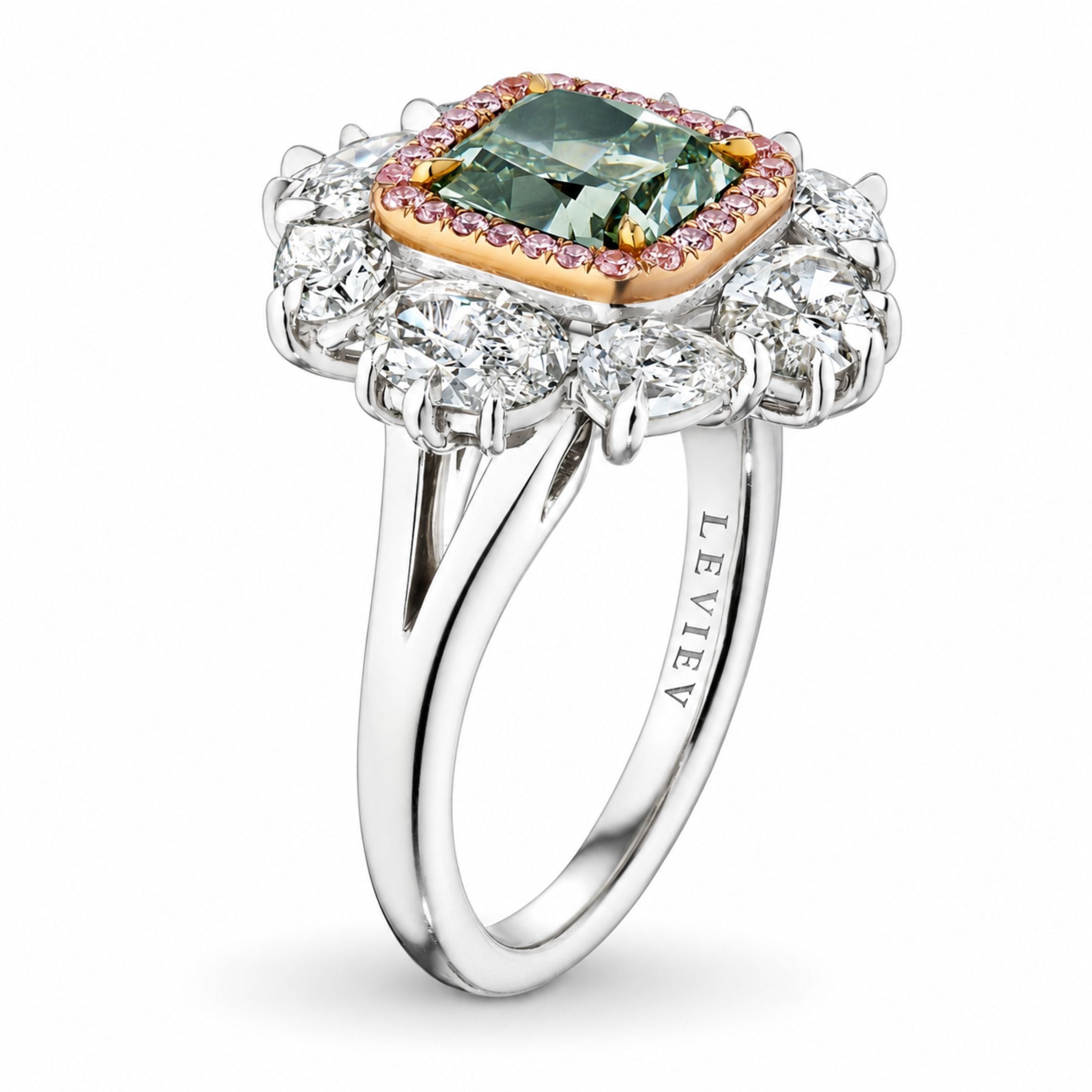 Verdelle 2.10 Carat Diamond Cushion Cut Fancy Green Diamond Halo Ring in Platinum