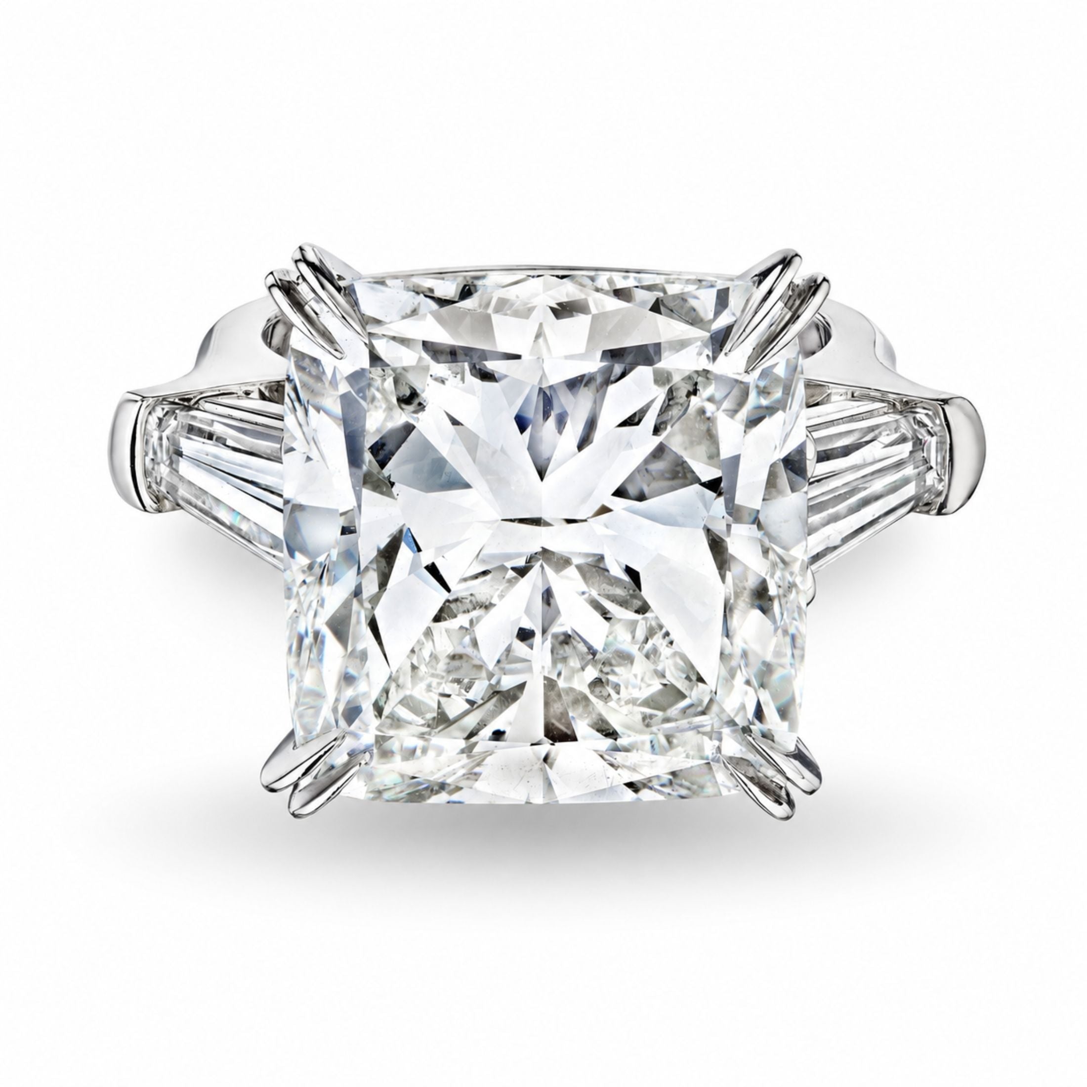 Odette 17.46 Carat Cushion Cut Diamond Ring with Tapered Baguettes in Platinum