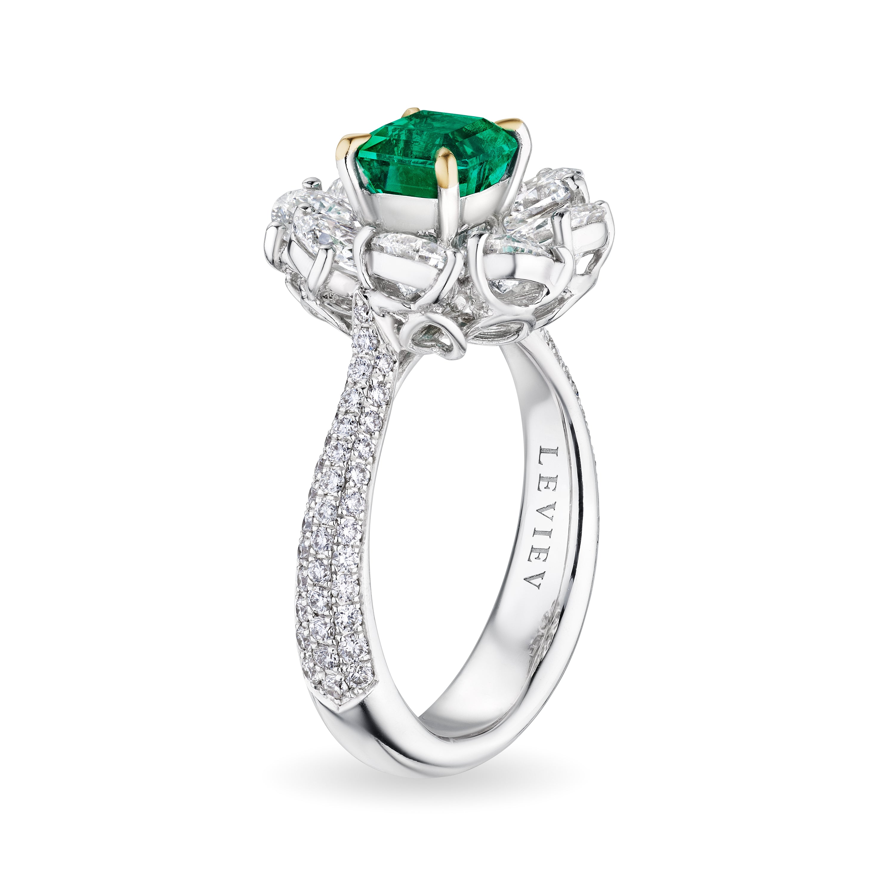 Square Green Emerald Cut Flower Ring, 2 CT