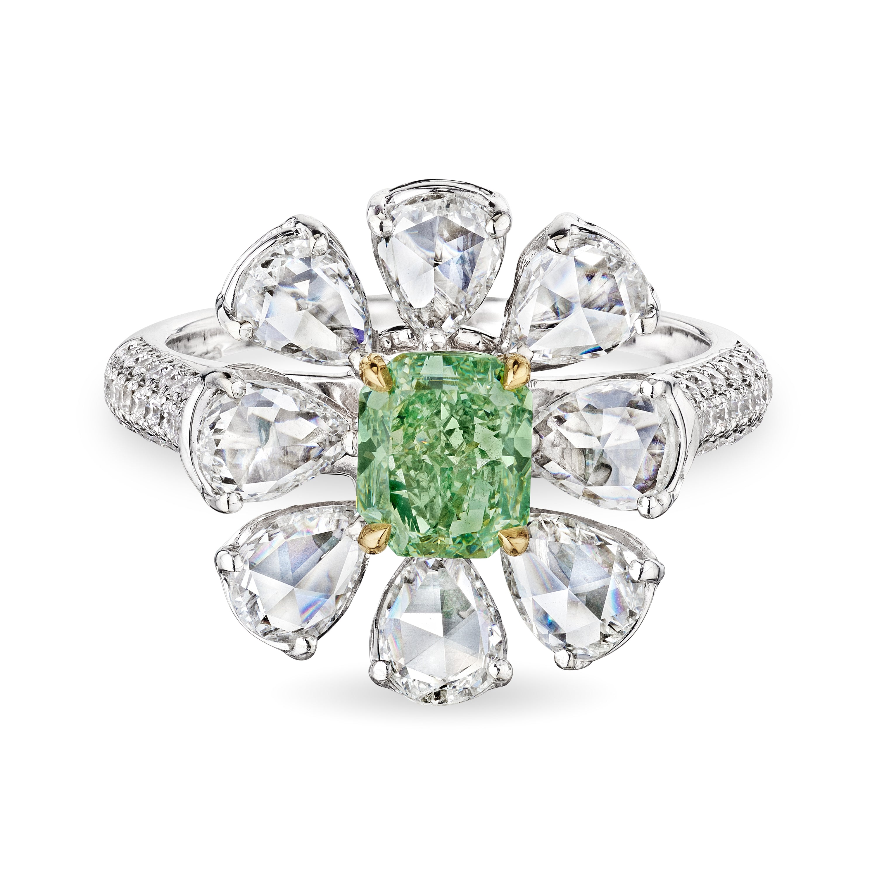 Green Radiant Cluster Diamond Flower Ring