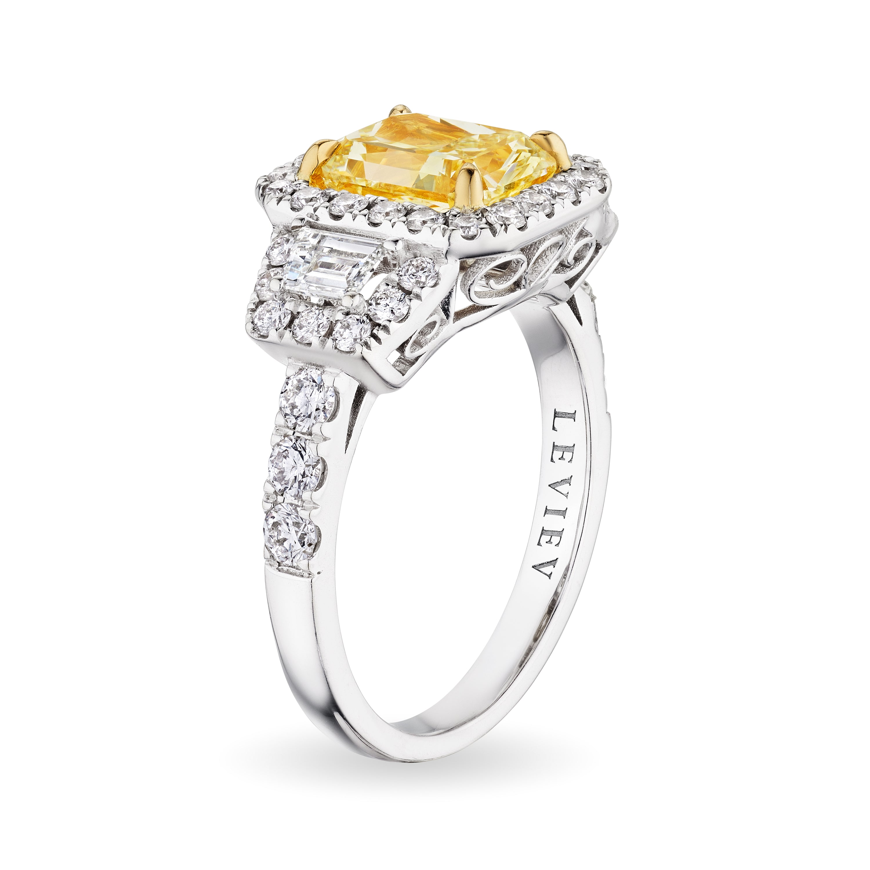 Radiant Cut Fancy Light Yellow Diamond Ring with Halo, 2 CT