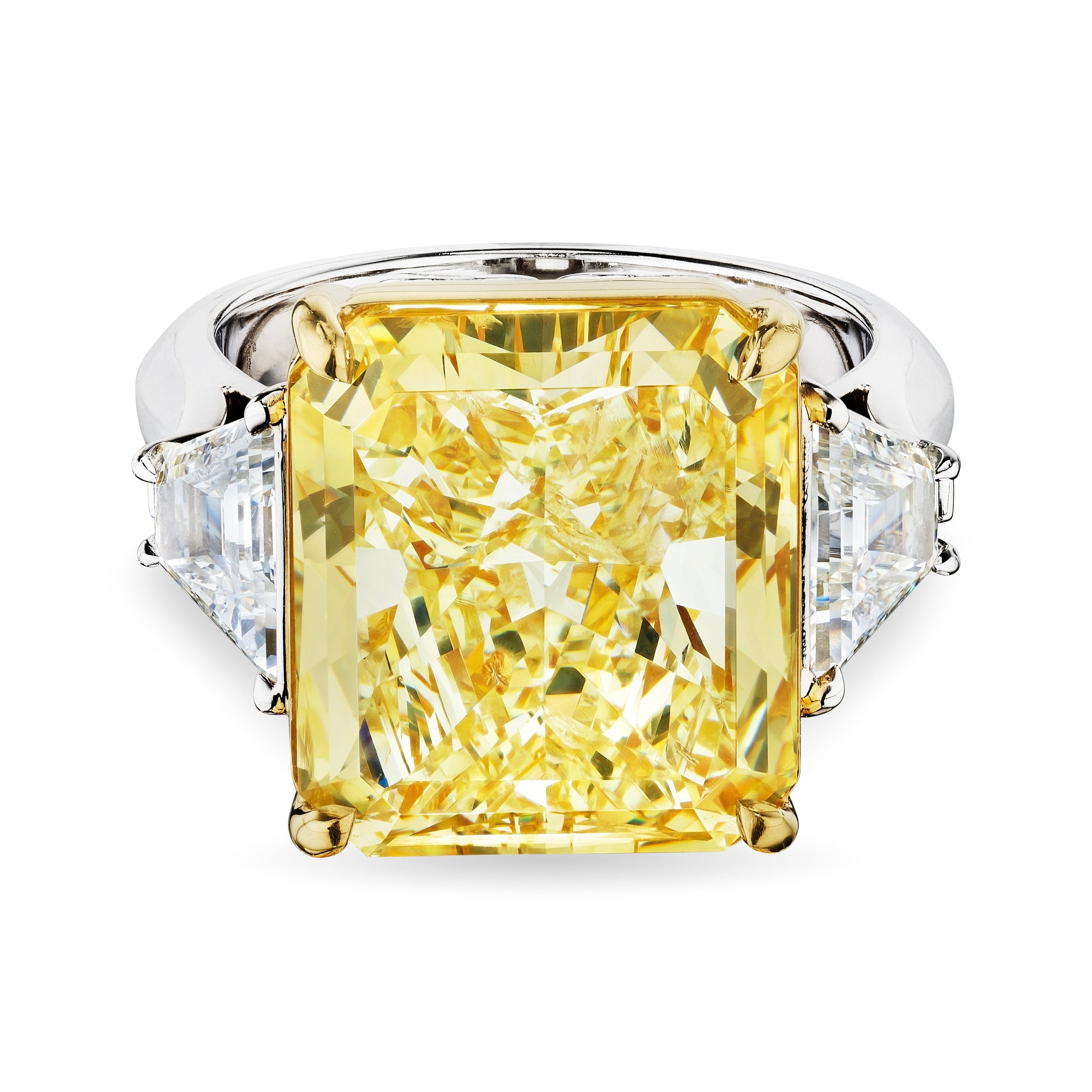 Radiant Cut Fancy Yellow Diamond Ring with Trapezoids, 14 CT Leviev Rings Radiant, Rings Leviev 
