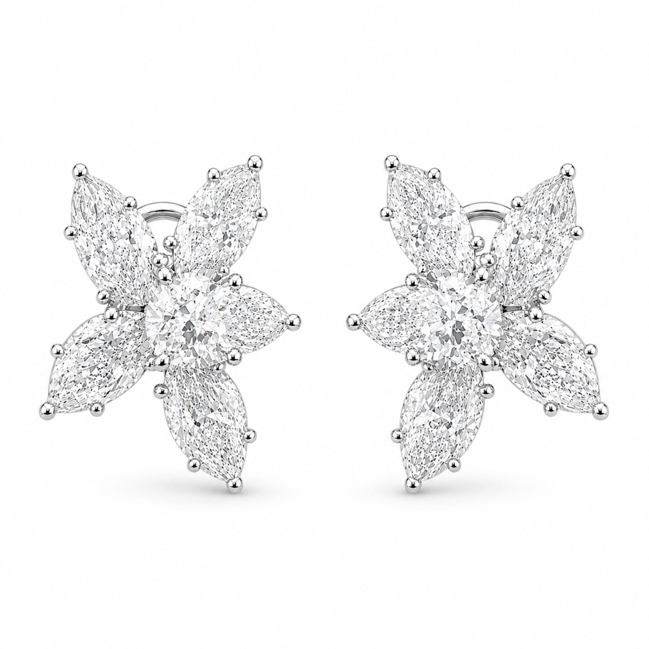 Platinum diamond cluster stud earrings with marquise and round brilliant-cut diamonds in flower silhouette