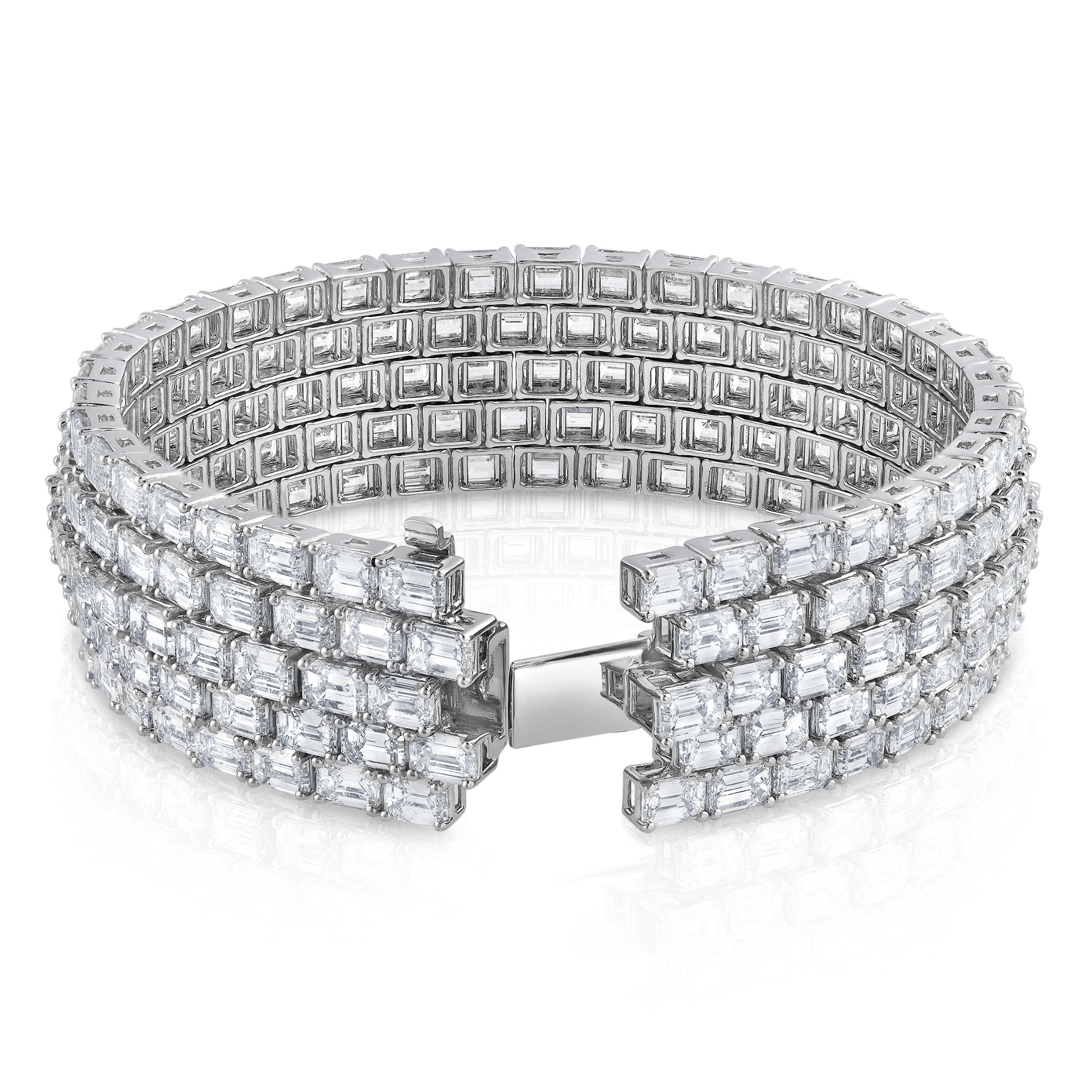 Side view of Leviev Rhythm Break diamond bracelet showing layered emerald-cut stones and hinged clasp mechanism