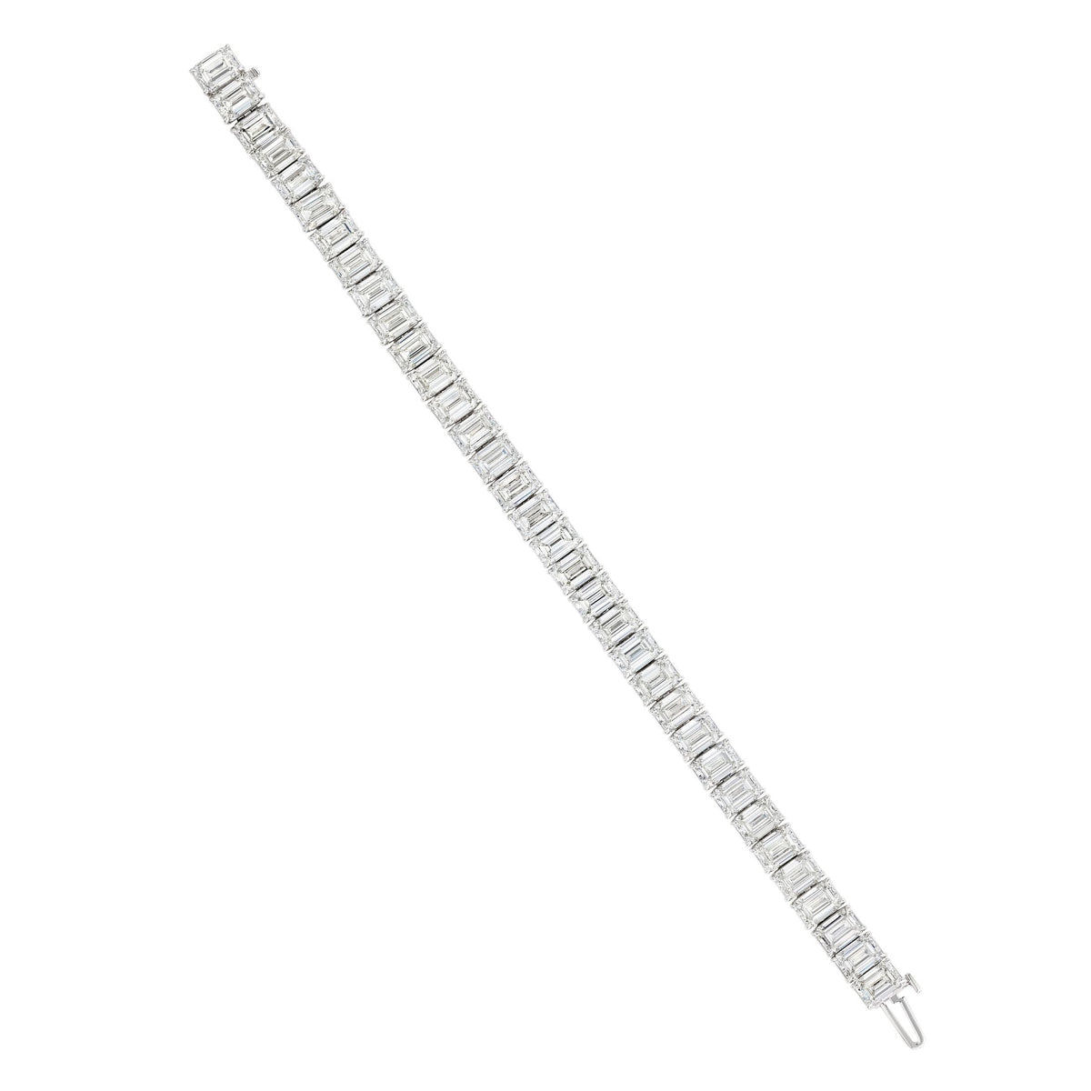 Leviev Roma emerald cut diamond tennis bracelet in platinum diagonal view with articulated line