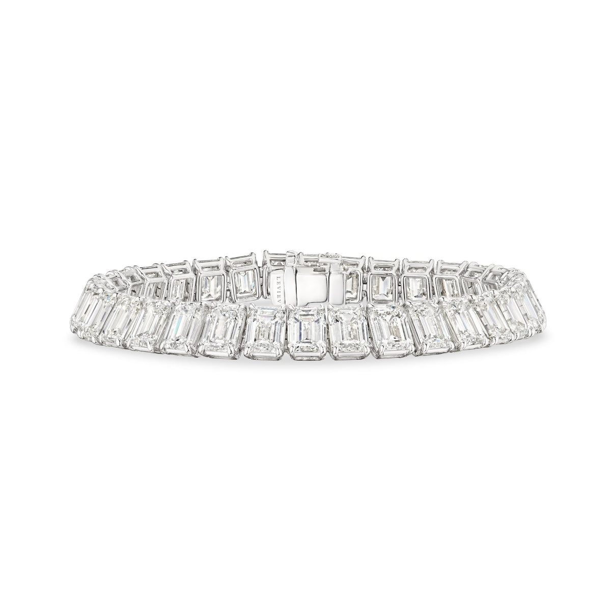 Leviev Roma platinum diamond tennis bracelet top-down showing engraved LEVIev clasp and seamless band
