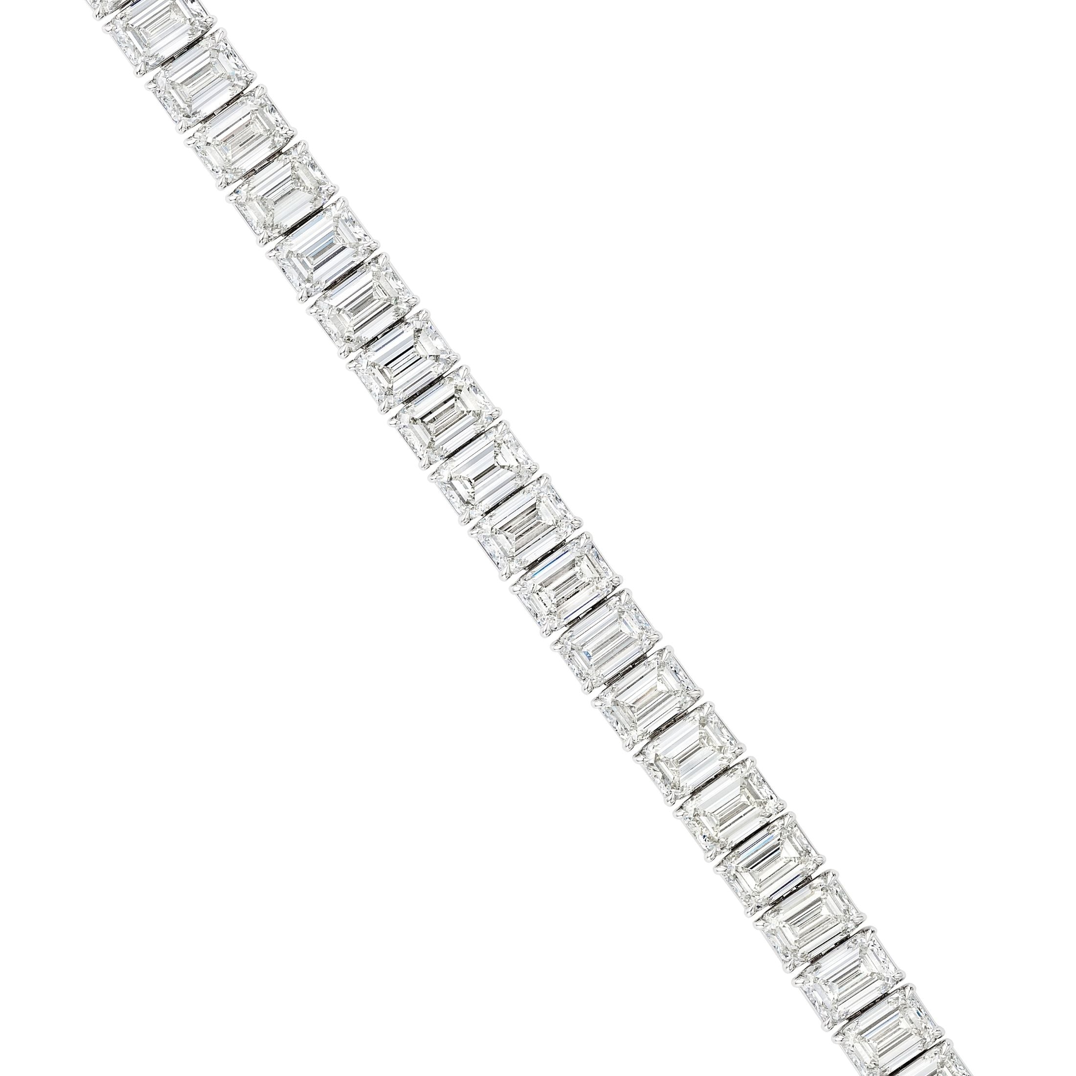 Close-up of Leviev Roma emerald cut diamonds step-cut facets on platinum tennis bracelet