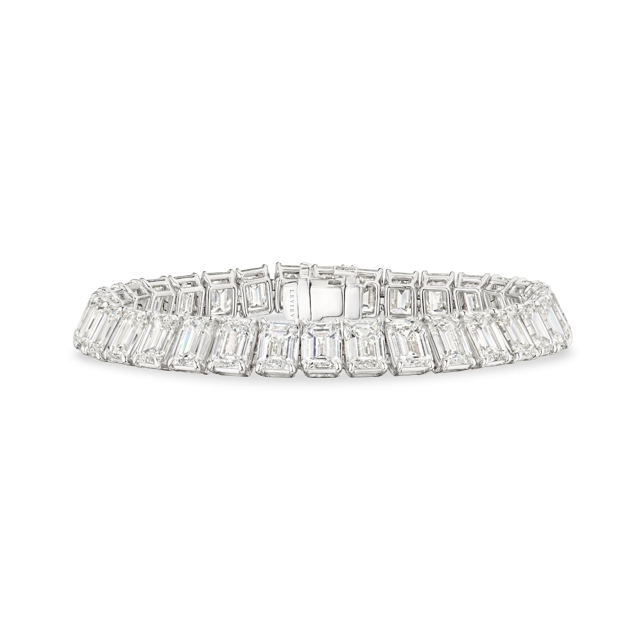 Leviev Roma platinum diamond tennis bracelet top-down showing engraved LEVIev clasp and seamless band