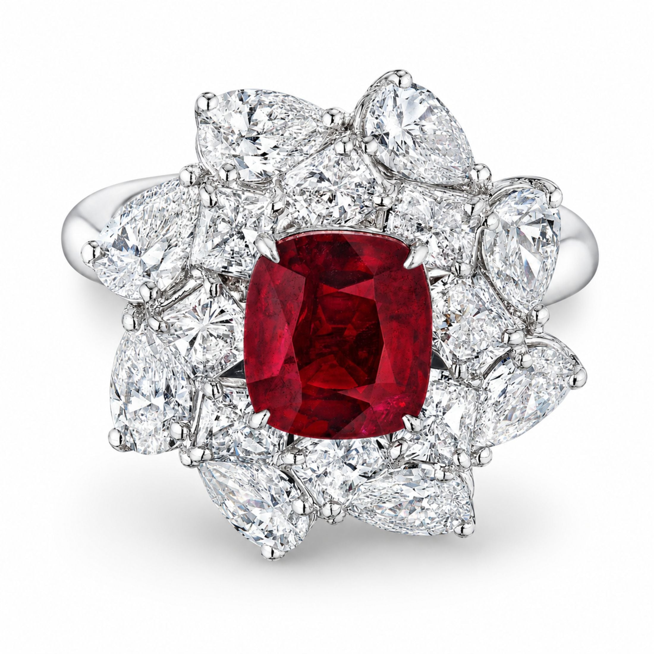 Top-down view of cushion-cut ruby floral halo diamond ring