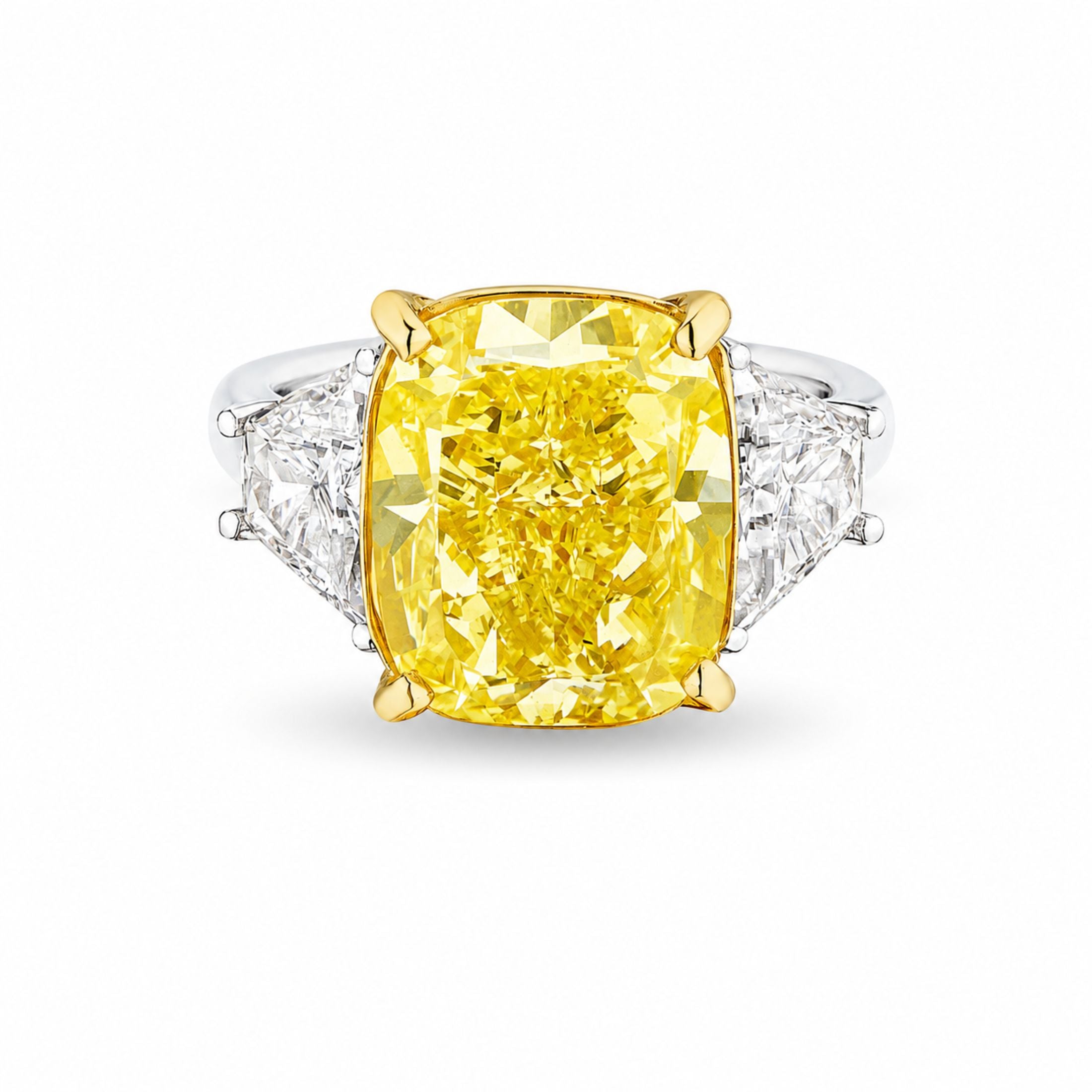 Rosendale 10.09 Carat Fancy Yellow Cushion Cut Diamond Ring with Trillion Cut Side Diamonds in Platinum & 18K Gold