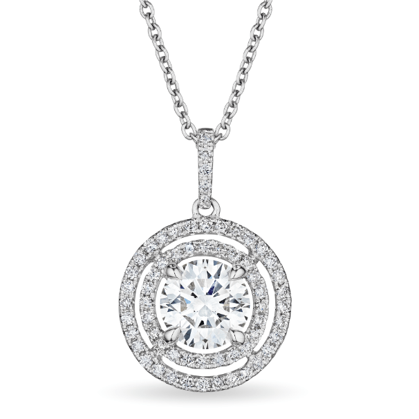 Close-up of Leviev 1.69 CT center stone round diamond pendant featuring dual pave and open halos