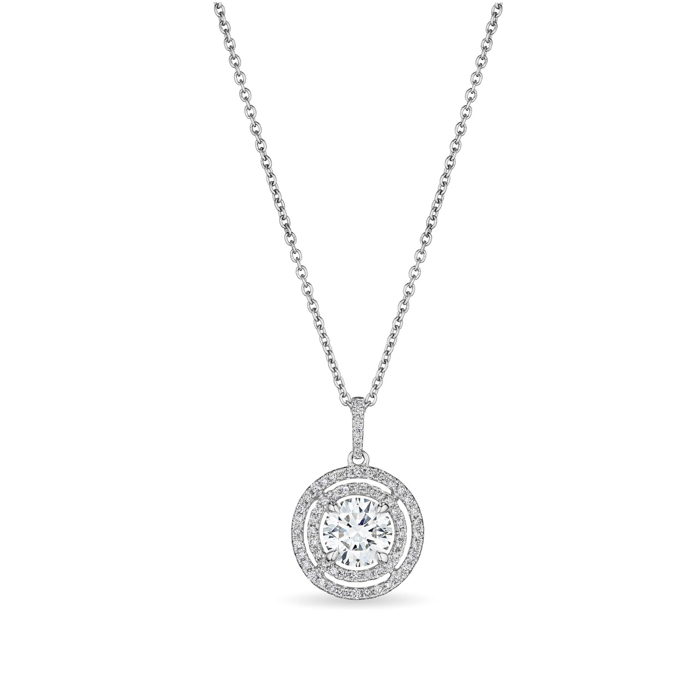 Leviev 18K white gold round cut diamond pendant with double halo on fine link chain