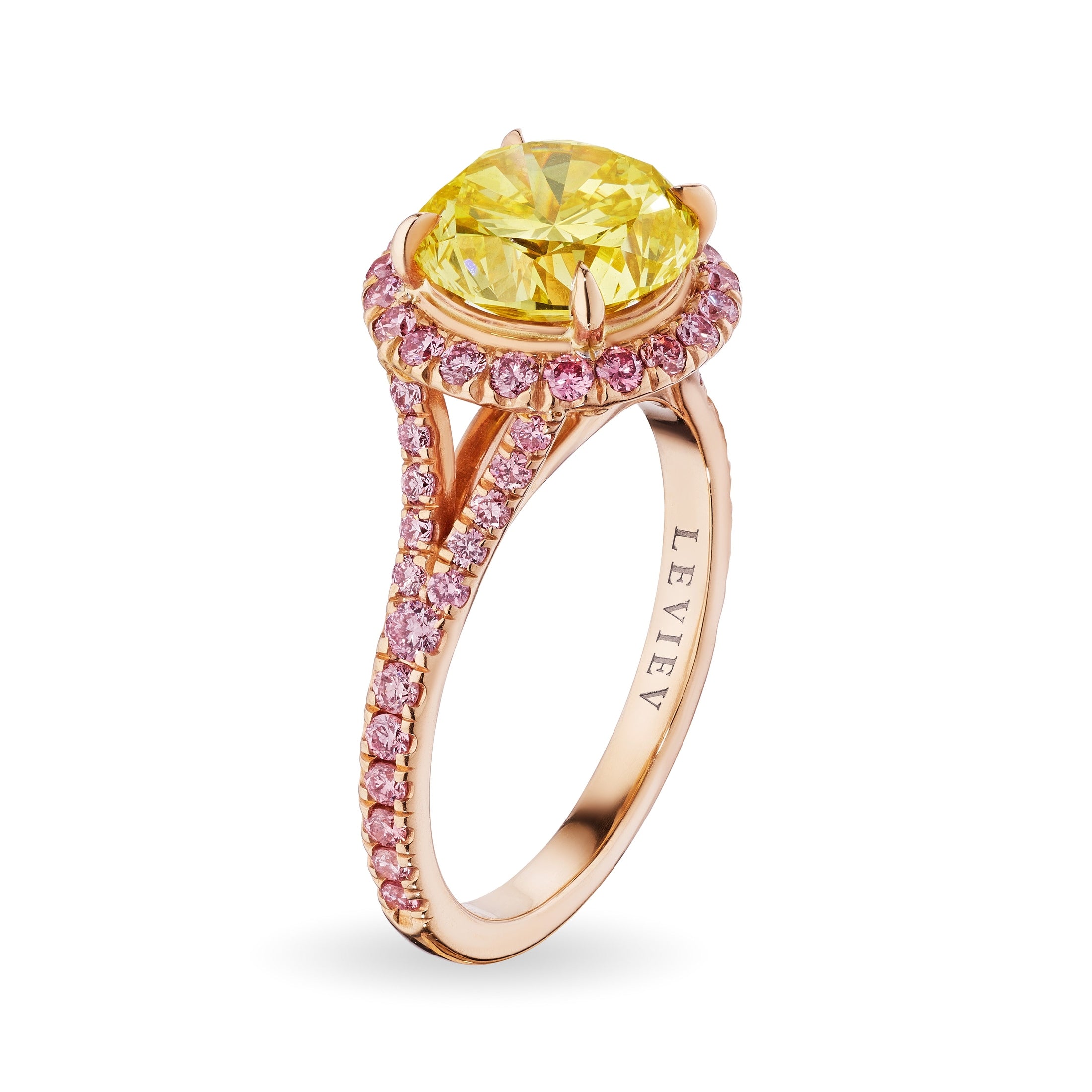 Leviev split-shank yellow diamond ring side view showing engraved LEVIEV mark and pink diamond shoulders