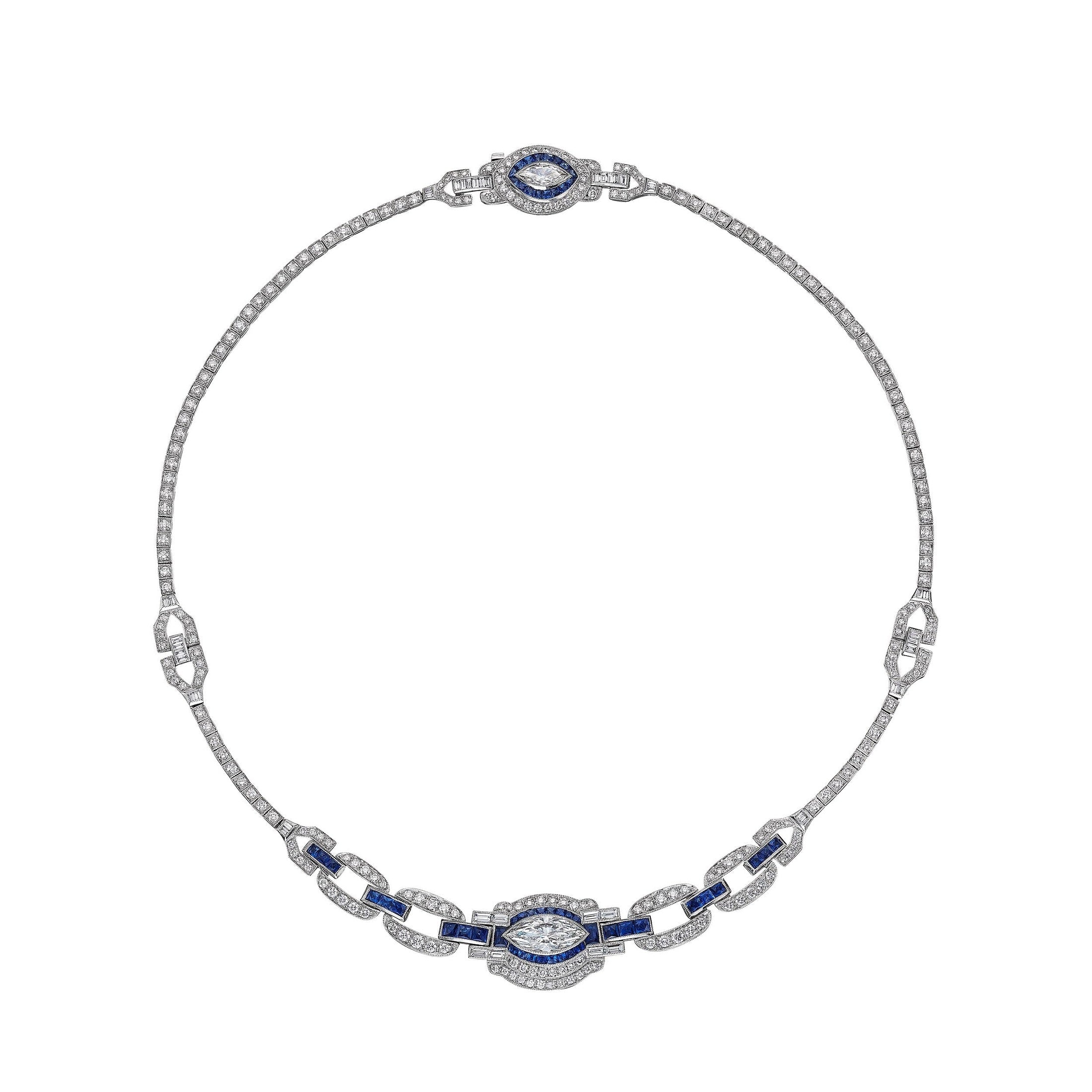 Leviev platinum sapphire and diamond necklace Art Deco marquise center with blue square sapphires