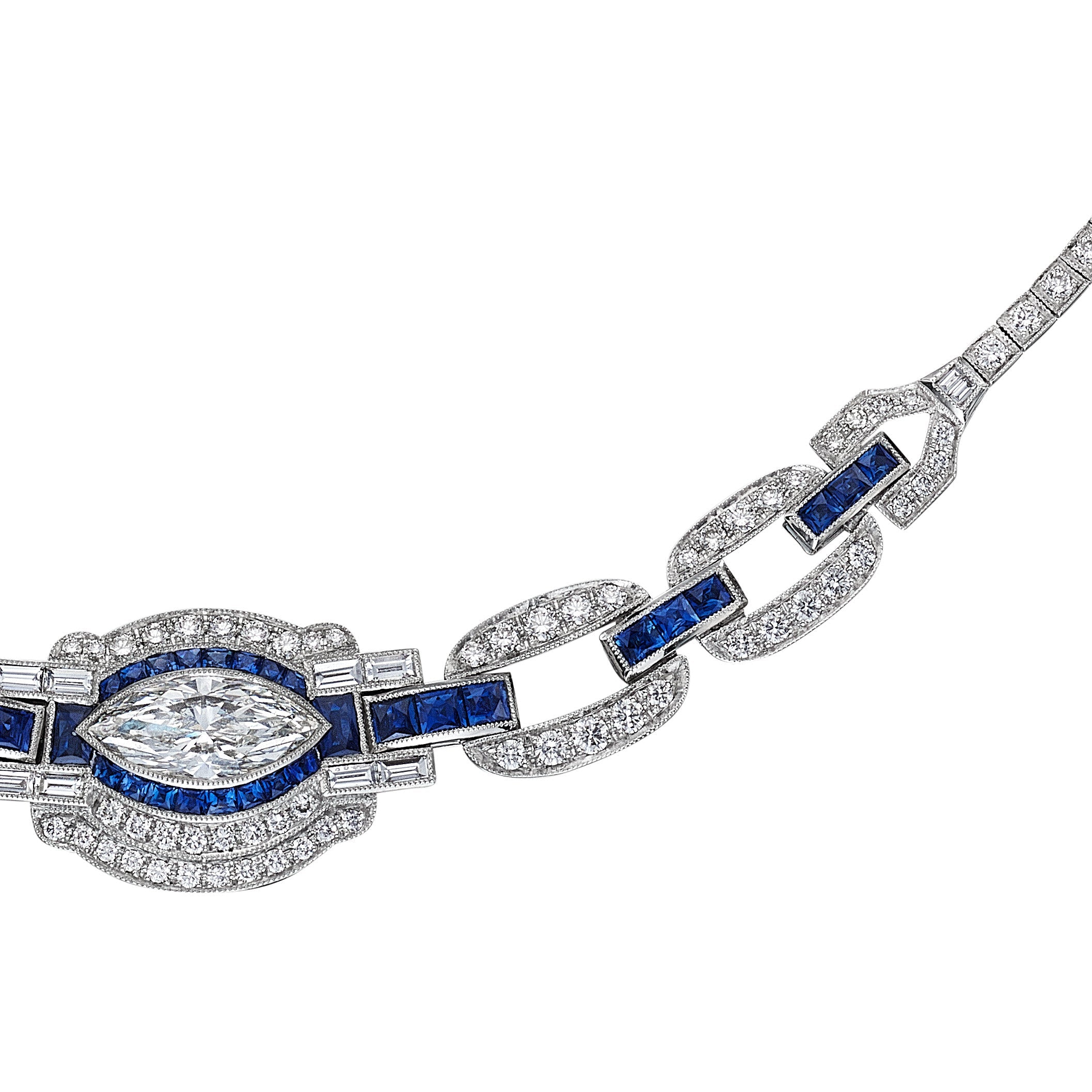 Close-up Leviev platinum necklace detail milgrain setting royal blue sapphires white diamonds