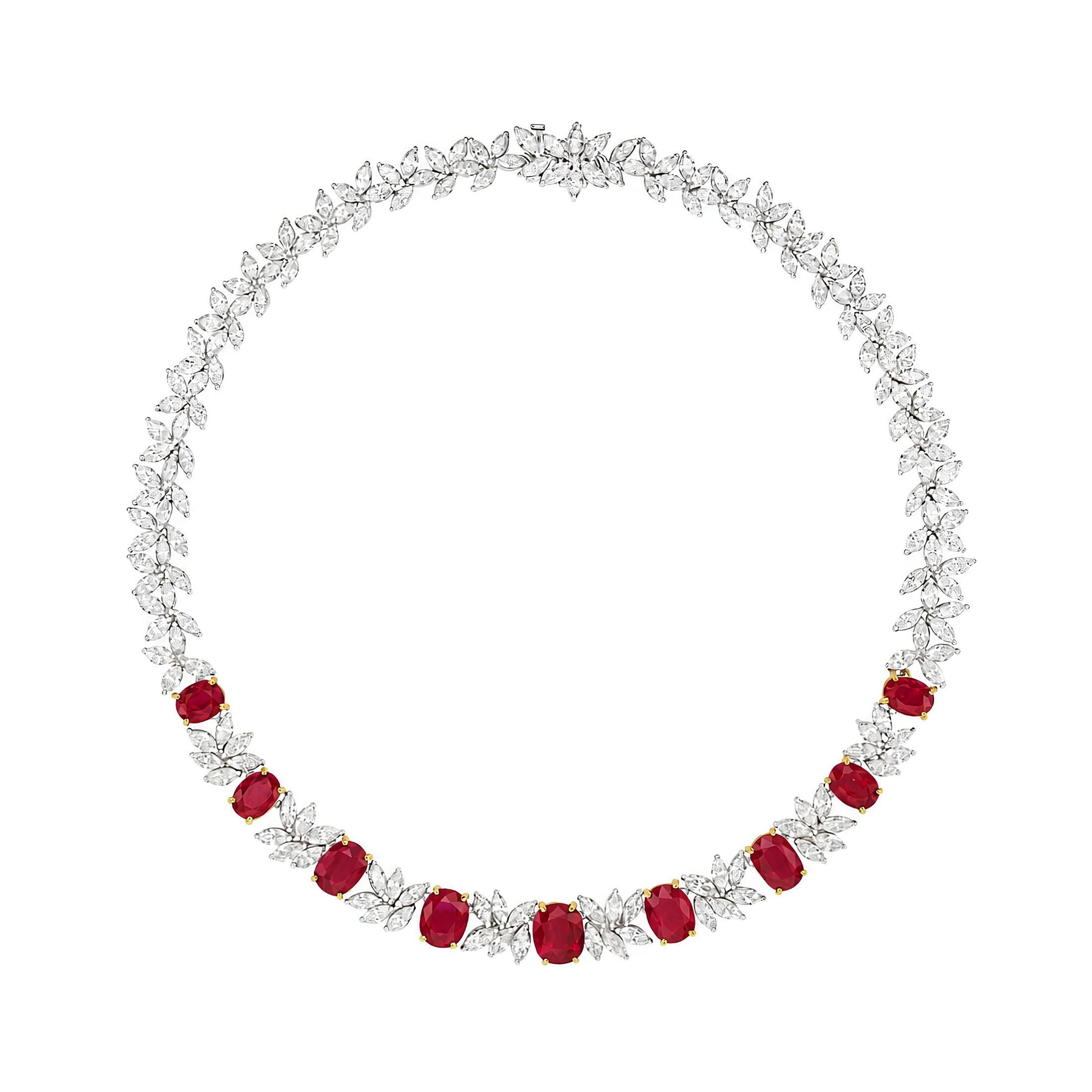 Scarlet Laurel 59.79 Carat Ruby & Marquise Diamond Necklace in Platinum
