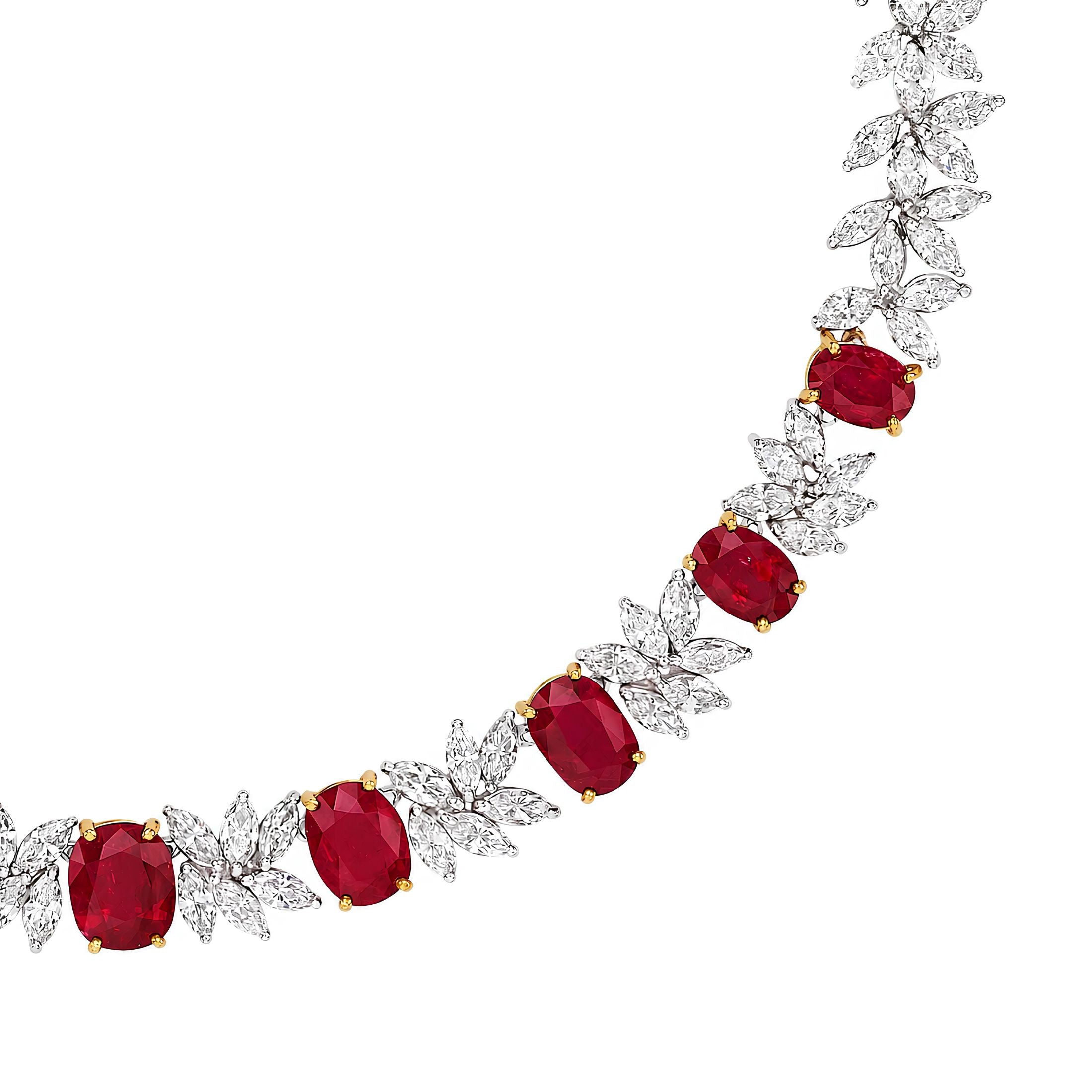 Scarlet Laurel 59.79 Carat Ruby & Marquise Diamond Necklace in Platinum