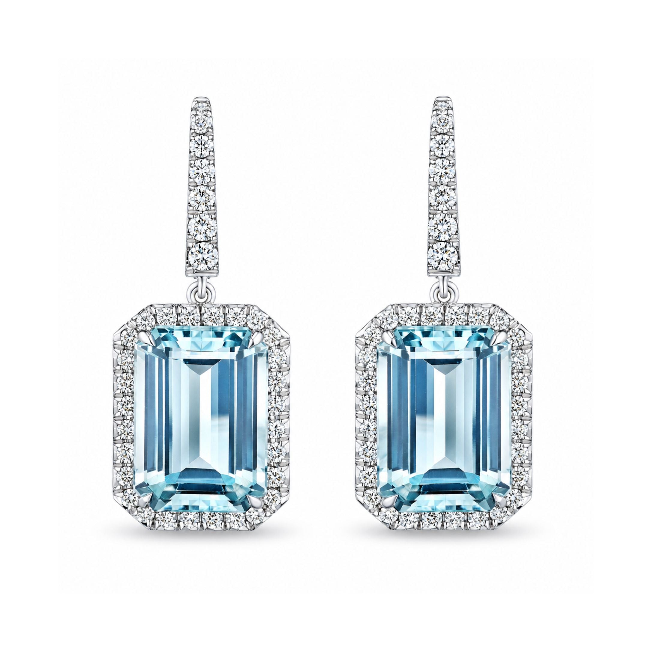 Sea of Light 15.34 Carat Aquamarine Emerald Cut Drop Earrings in 18K White Gold