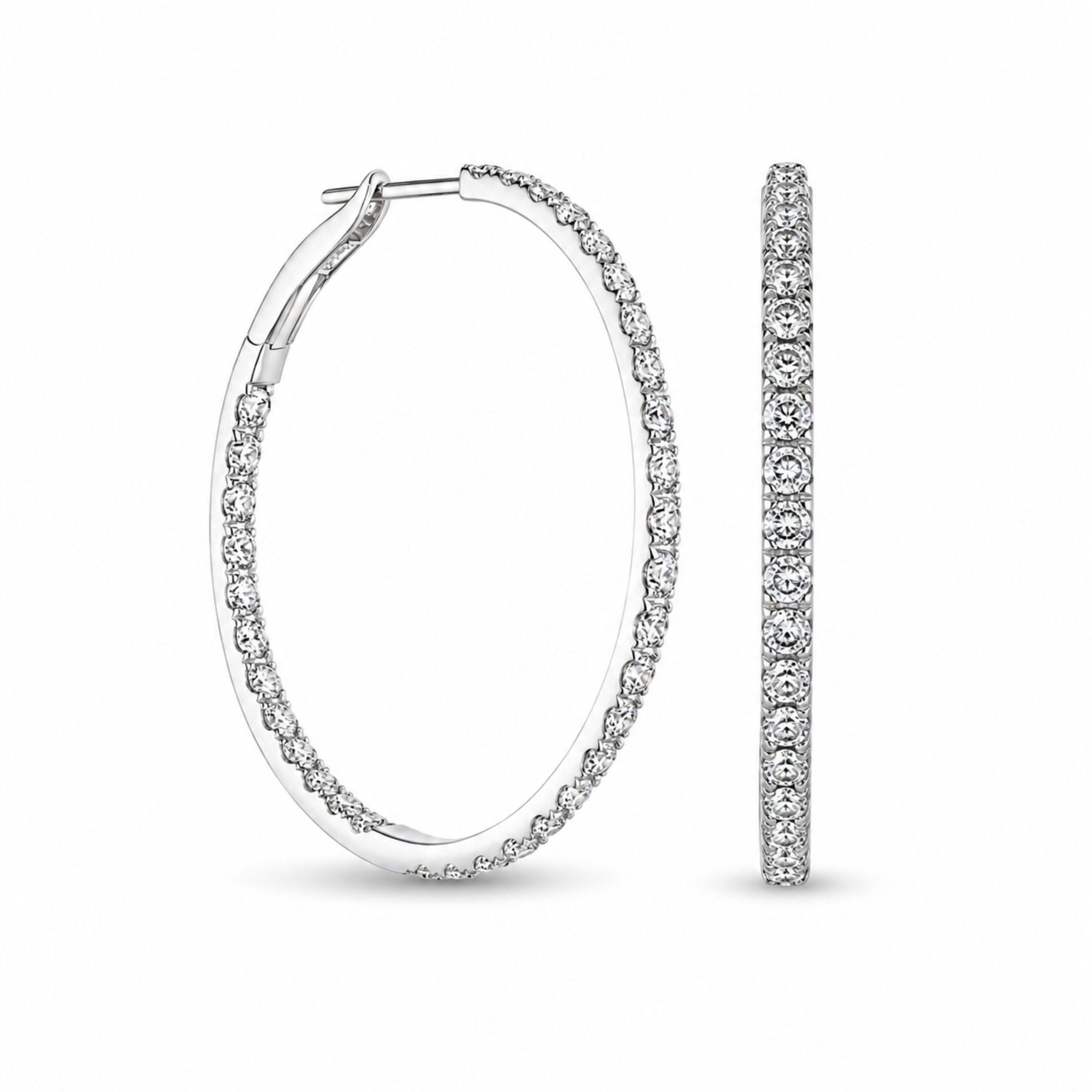 Close-up of continuous diamond setting on Leviev white gold hoop earring