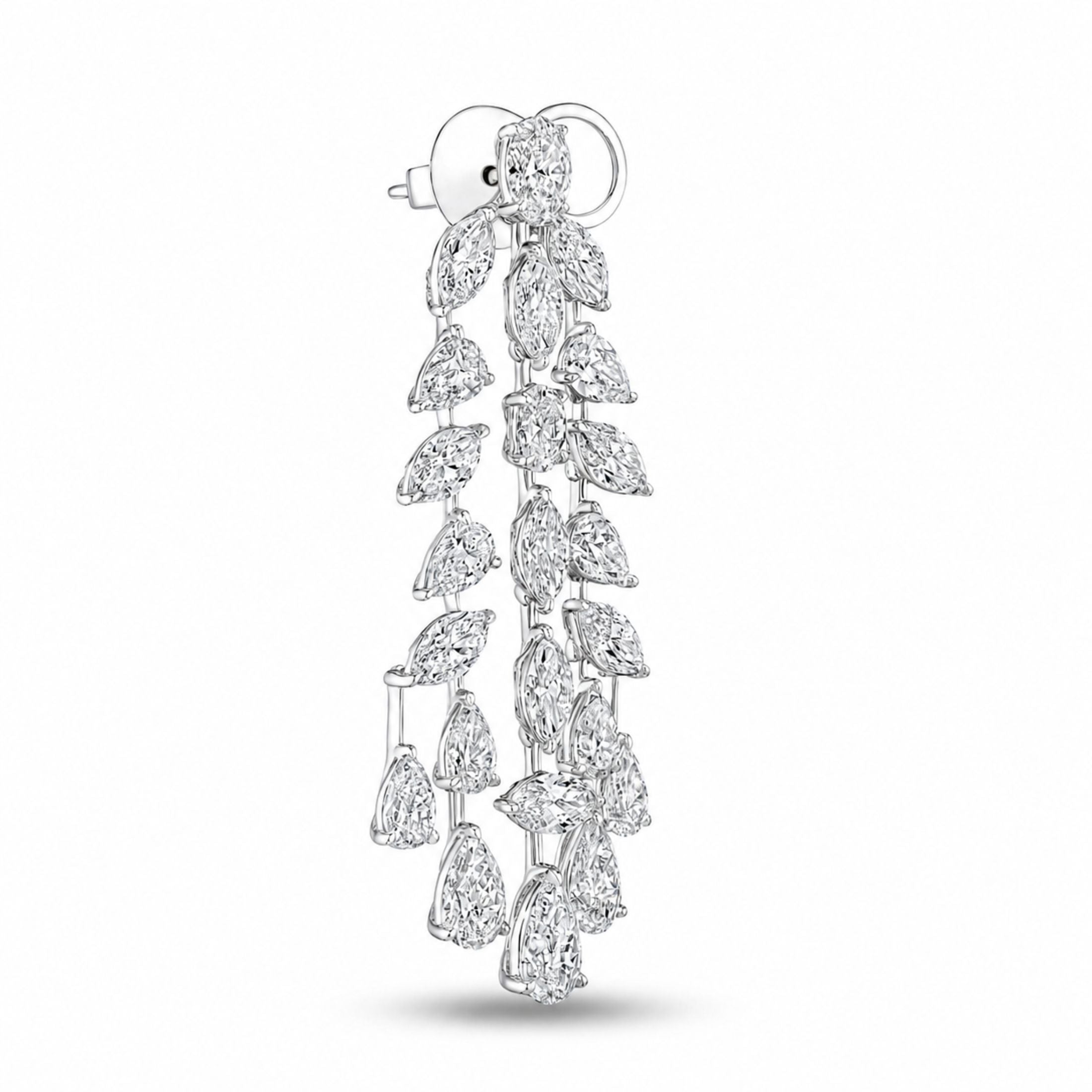 Side view of Silver Veil 18K white gold dangle earrings with cascading pear and marquise-cut natural diamonds