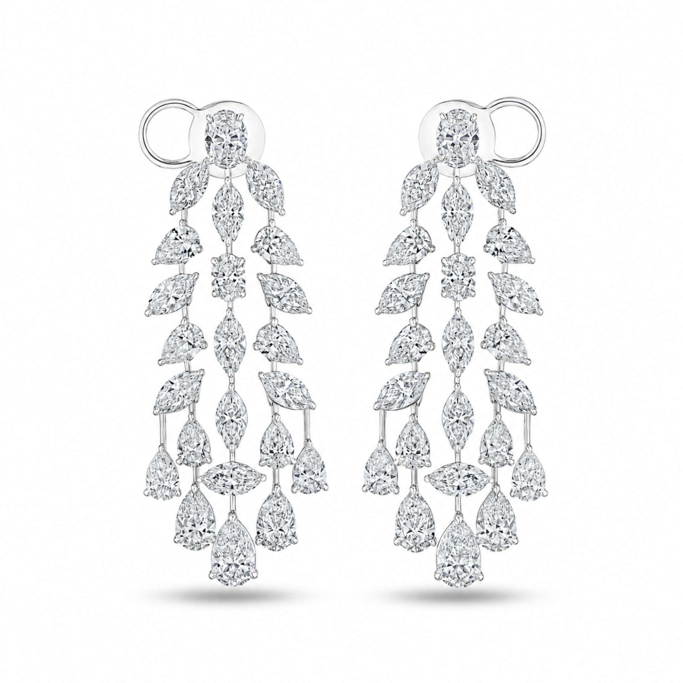 Front pair of Silver Veil diamond earrings in 18K white gold featuring organic branching cascade design