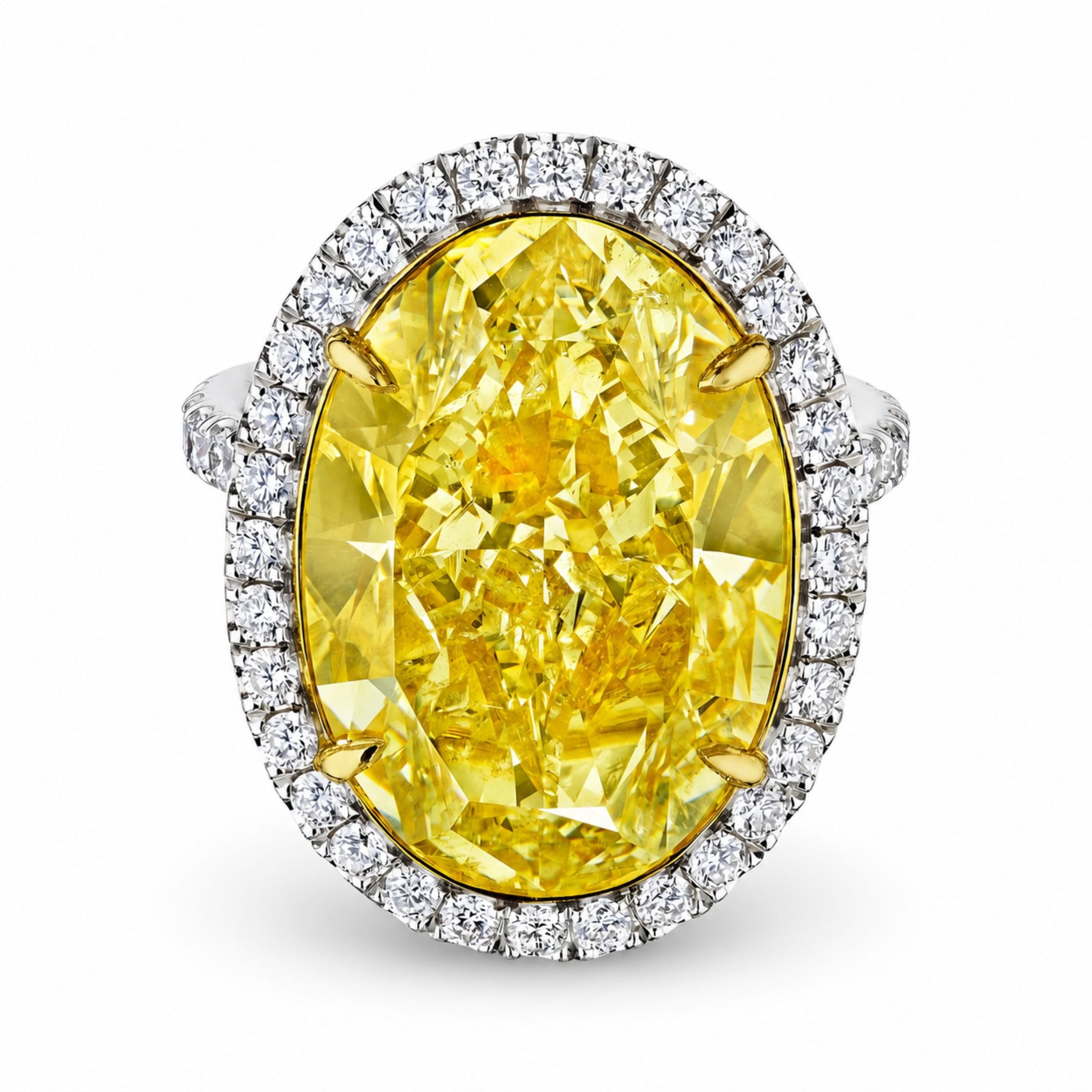 Sirmione 18.62 Carat Fancy Yellow Oval Cut Diamond Ring in Platinum & 18K White Gold