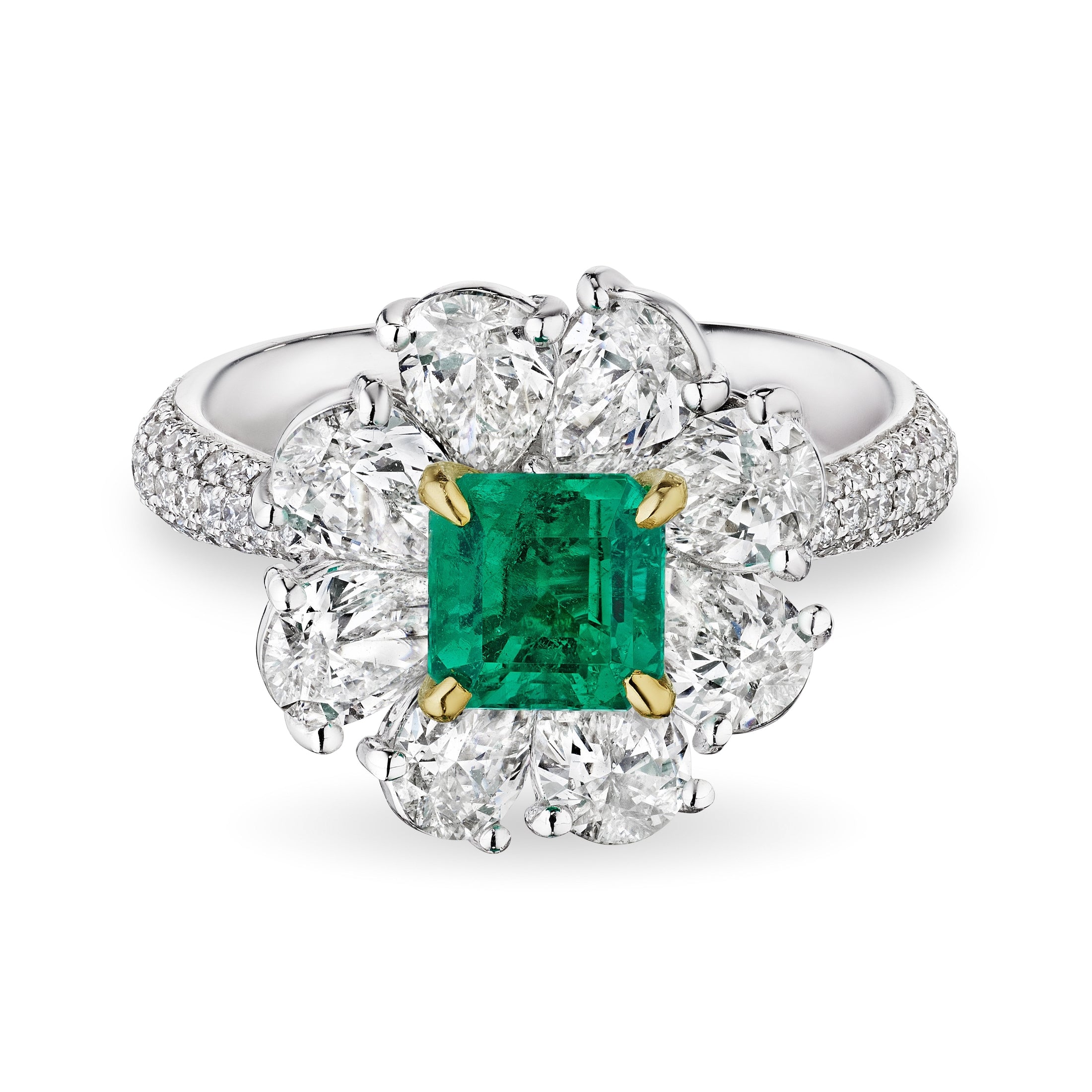 Square Green Emerald Cut Flower Ring, 2 CT Leviev Rings Rings Leviev 
