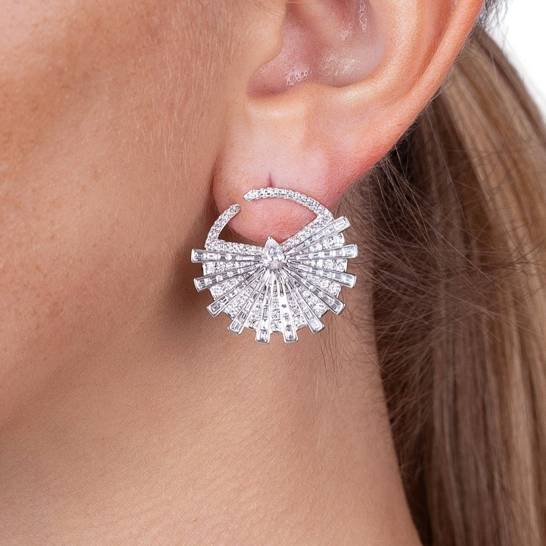 'Starflare Horizon' Fan Earrings with Tapered Baguettes and Round Diamonds, 4 CT Leviev Earrings Earrings Leviev 