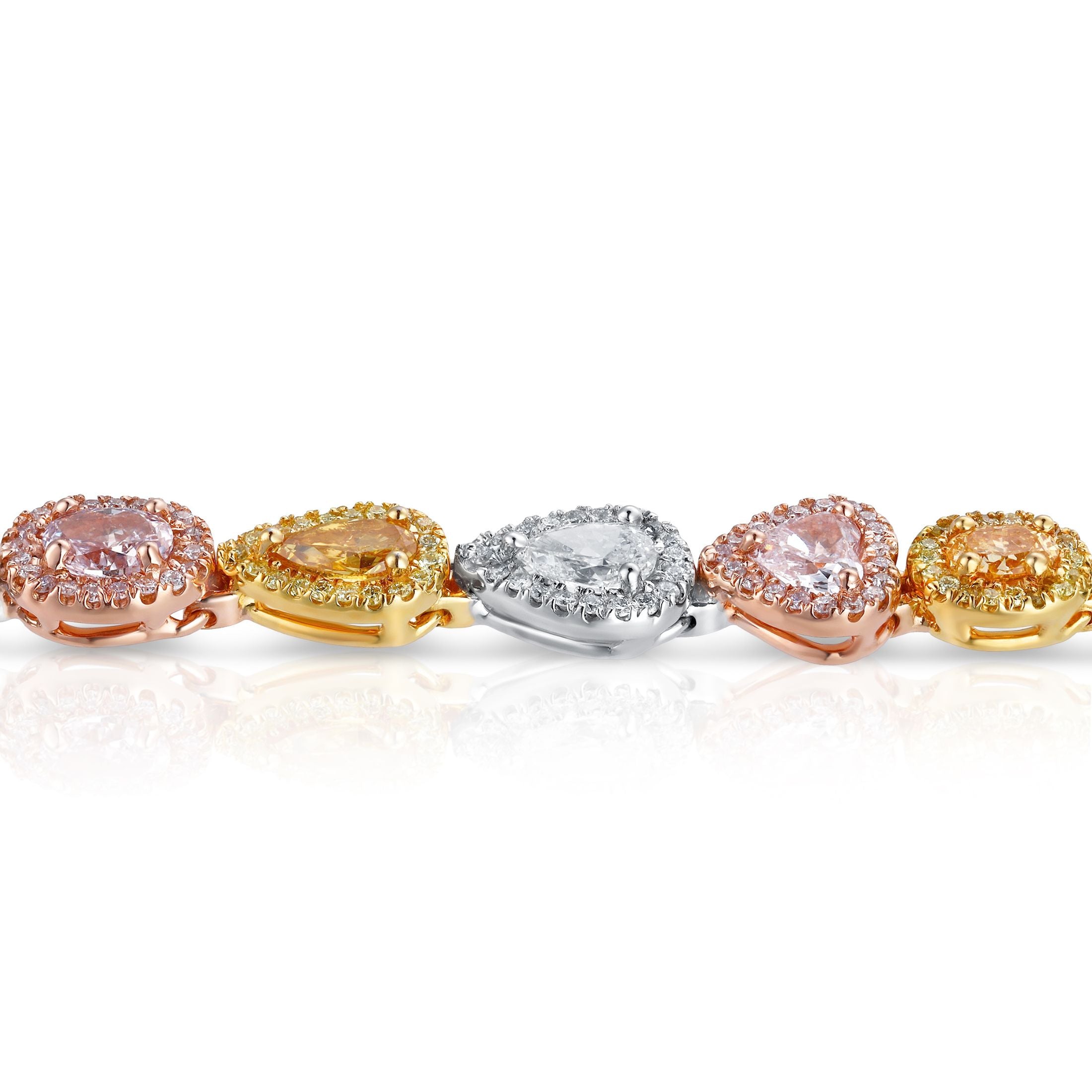 Close-up Leviev diamond bracelet showing rose yellow white gold settings with micro-pavé halos around pink orange clear stones