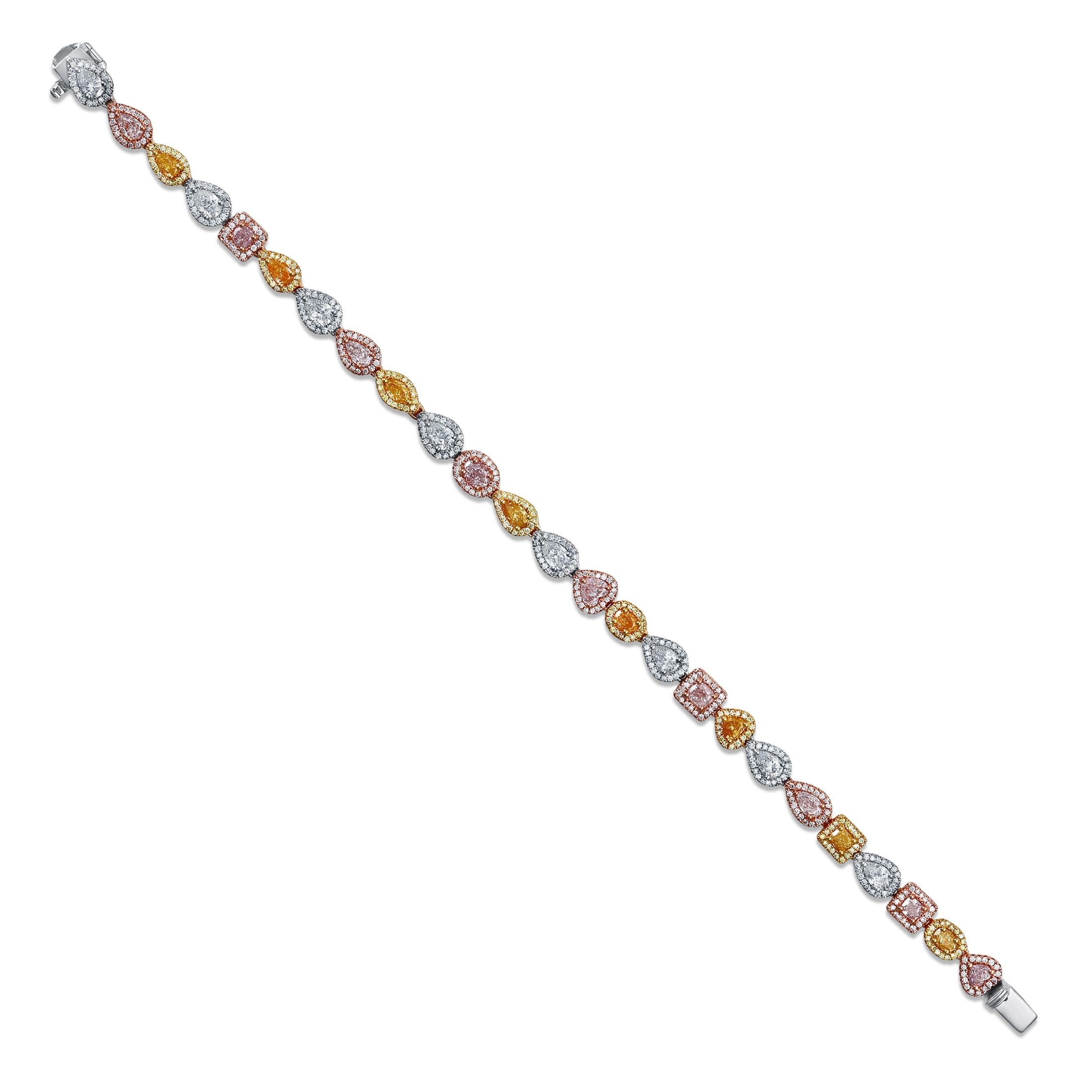 Full view Leviev Starlite 18K white gold bracelet featuring alternating pear square cut diamonds in pink yellow hues with box clasp