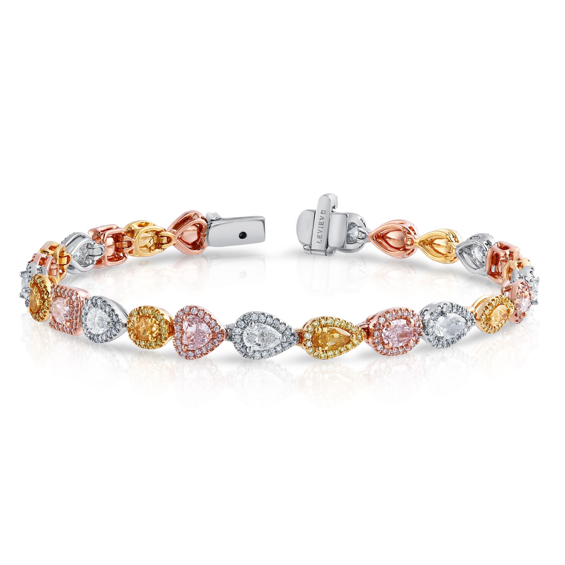 Leviev engraved 18K white gold diamond bracelet with separated clasp displaying interlocking rose yellow white gold sections