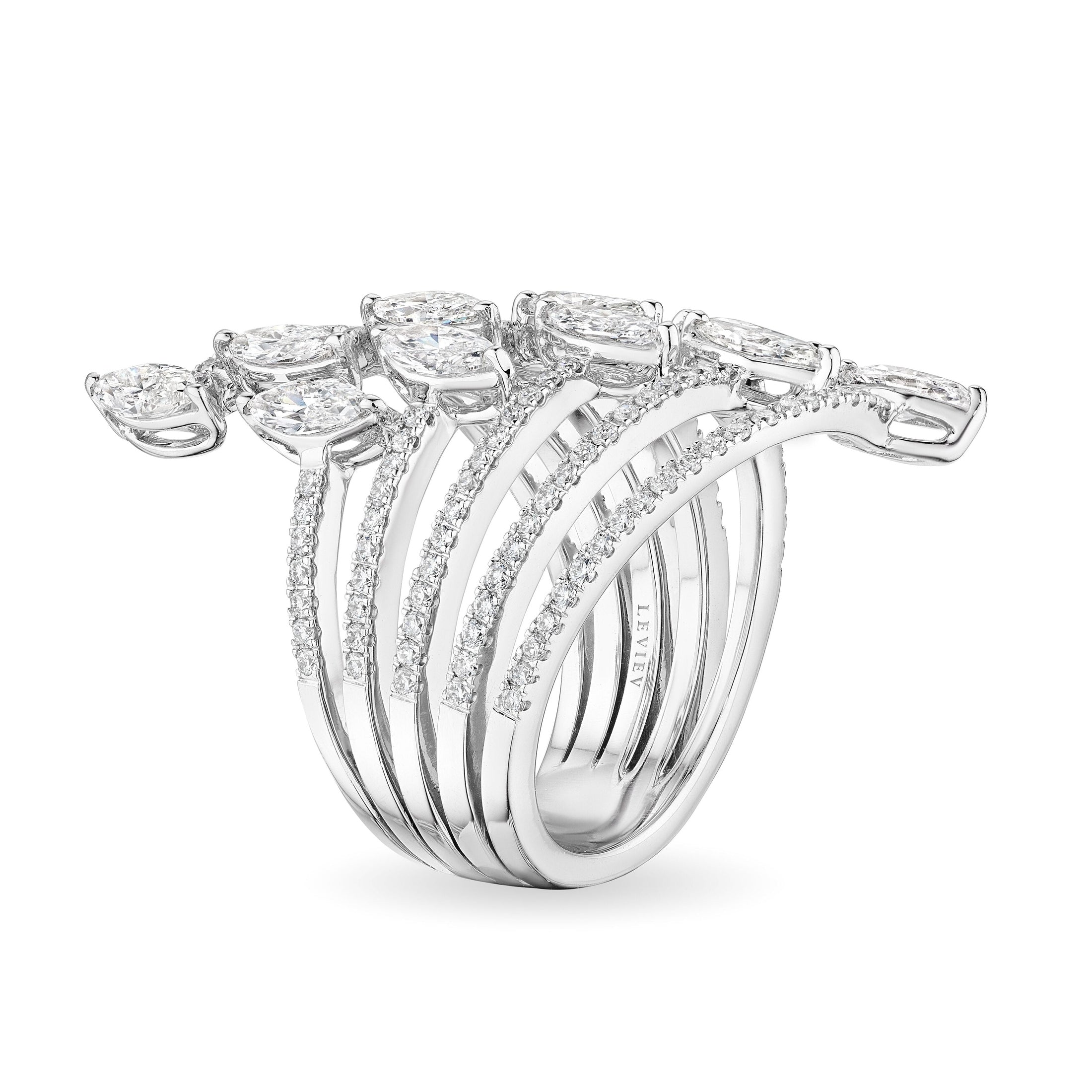 Leviev Strata marquise diamond ring side view 18K white gold five curved bands engraved interior