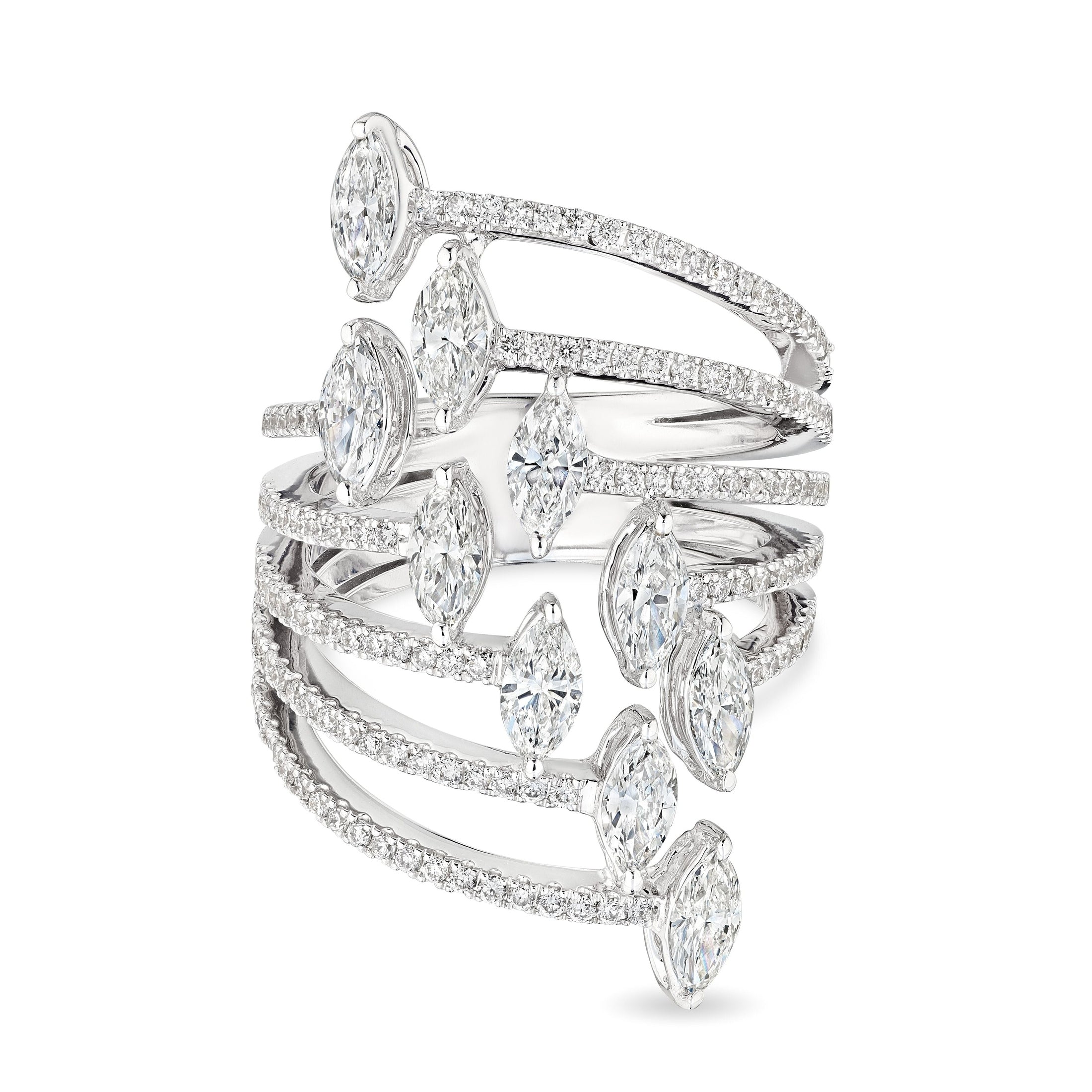 Leviev Strata 2.29 carat diamond ring front view 18K white gold interwoven bands marquise cut pavé