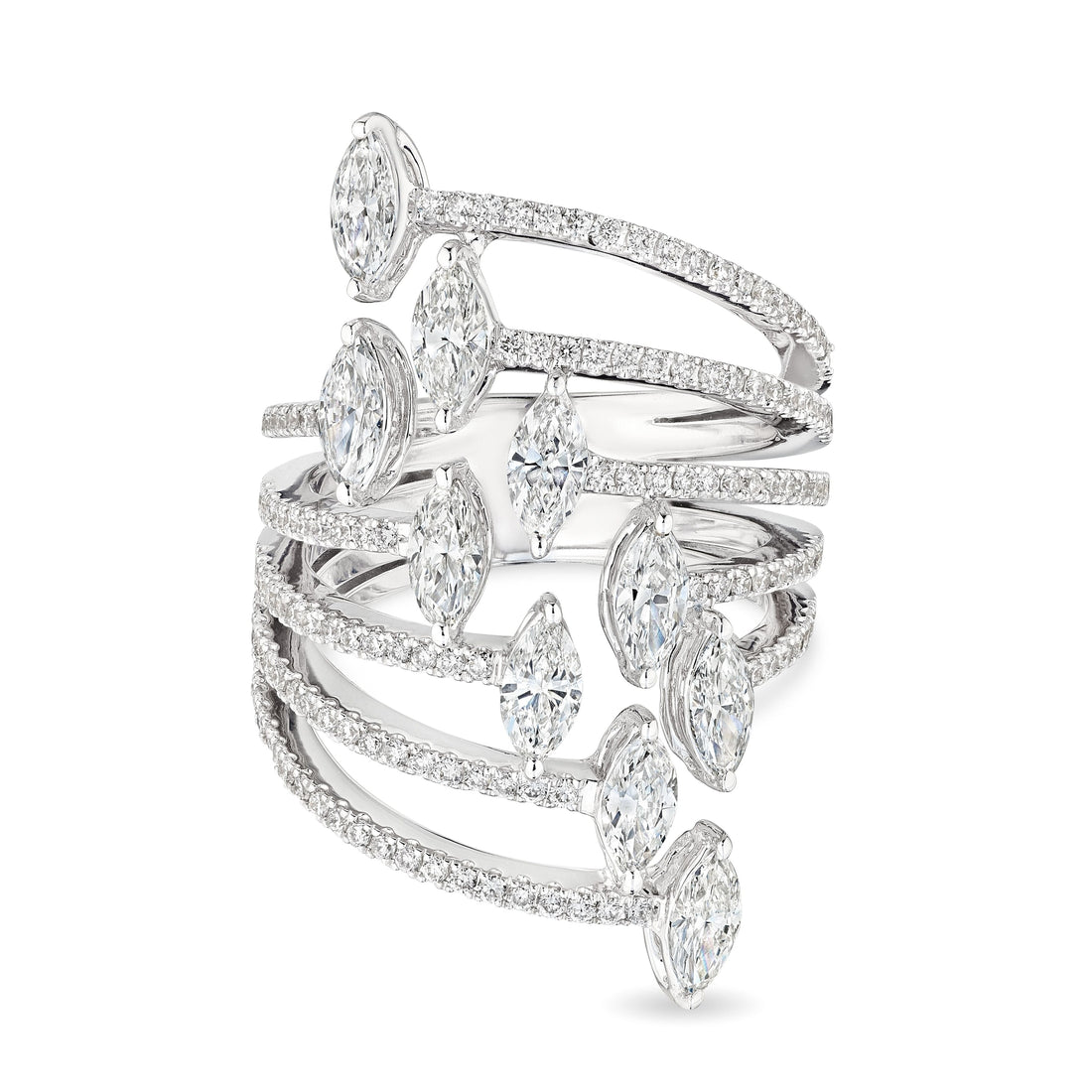 Leviev Strata 2.29 carat diamond ring front view 18K white gold interwoven bands marquise cut pavé
