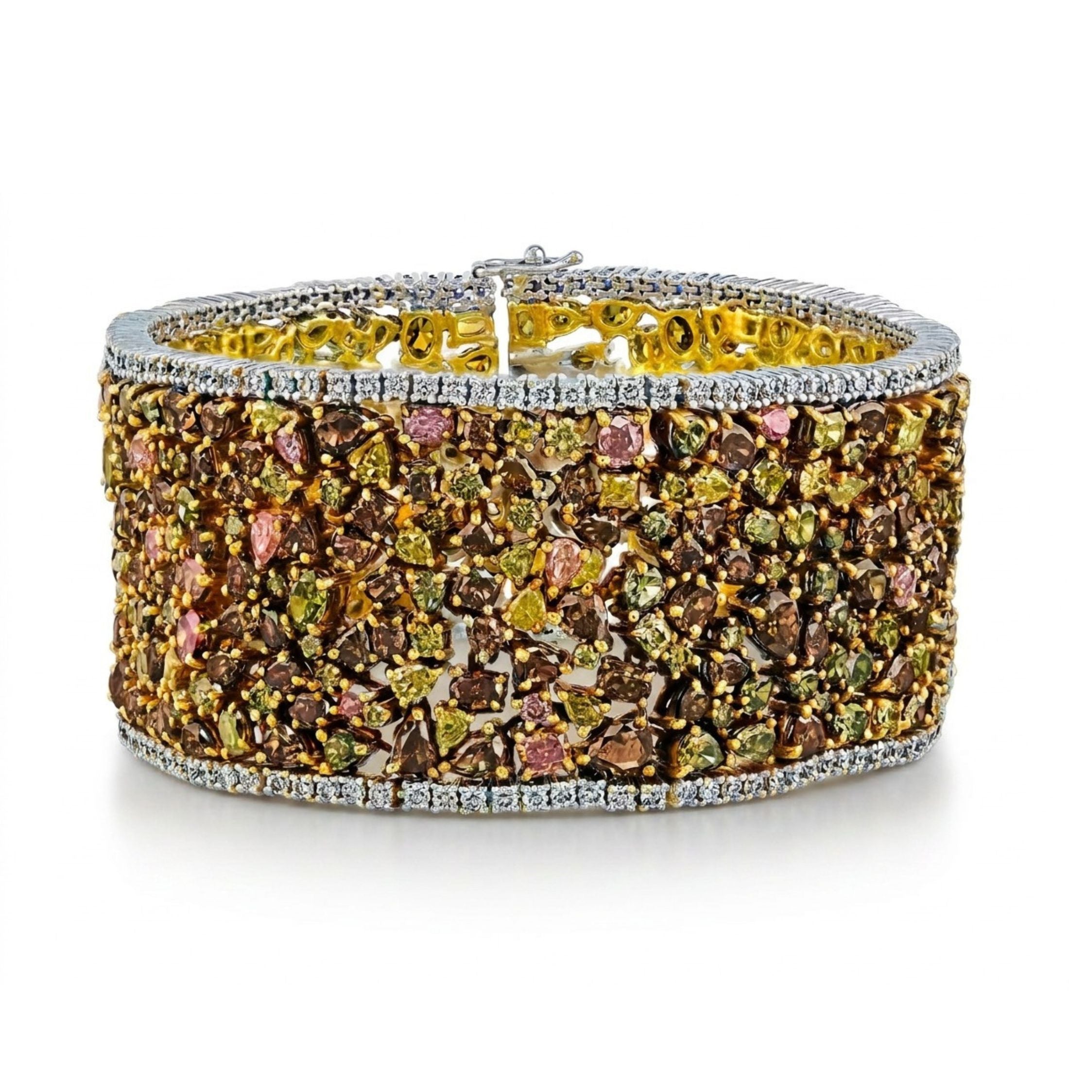 Leviev Sunfall Mosaic 18K white gold cuff bracelet with multicolored gemstones and diamond border