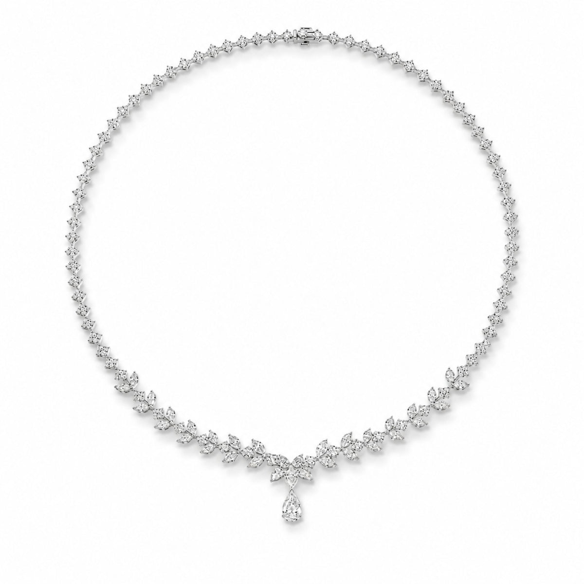 Leviev Sylvaine 18K white gold diamond necklace with botanical motif and pear drop pendant