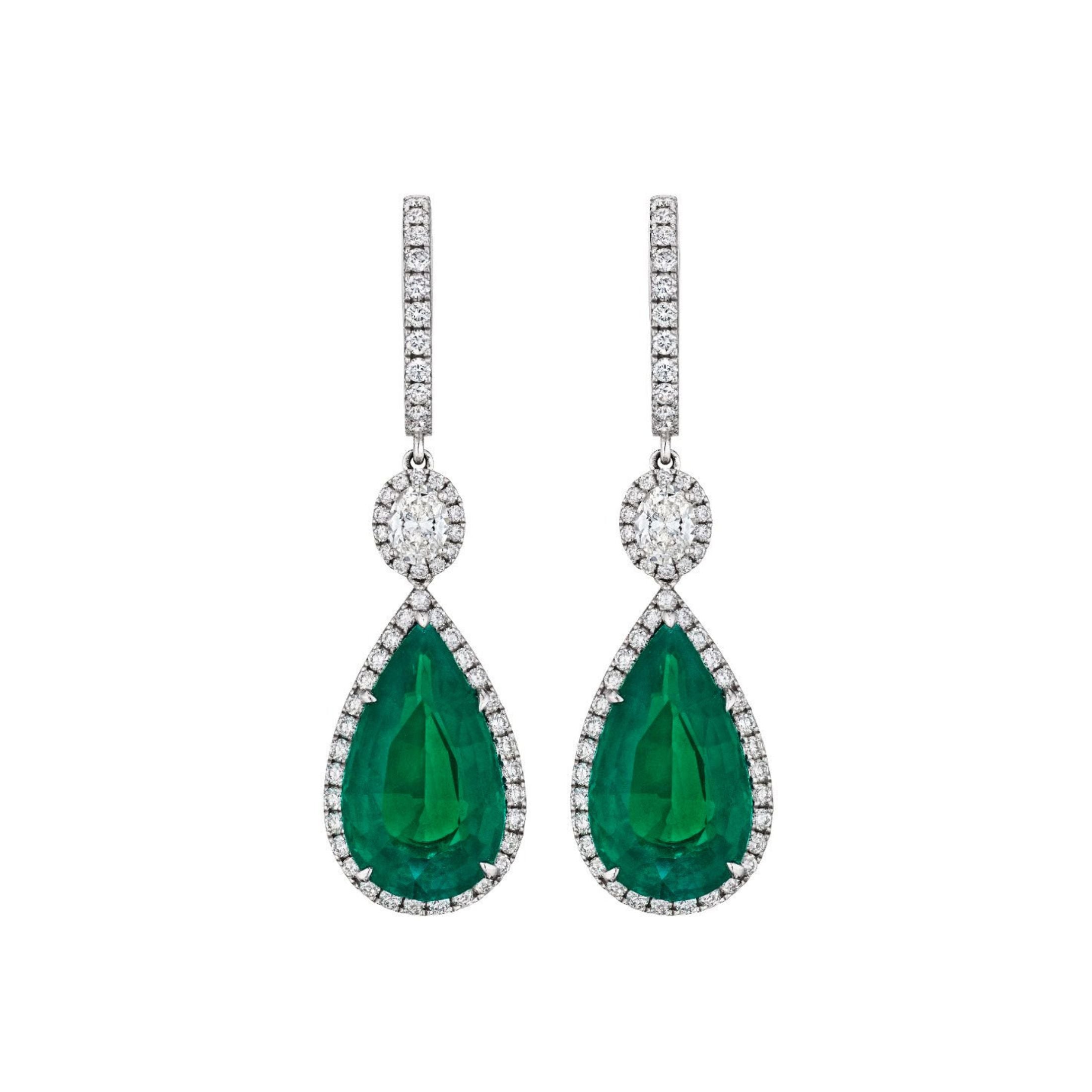 Tears of Eden 21.64 Carat Drop Emerald and Diamond Earrings in 18K White Gold Leviev Earrings Earrings, Leviev Leviev 