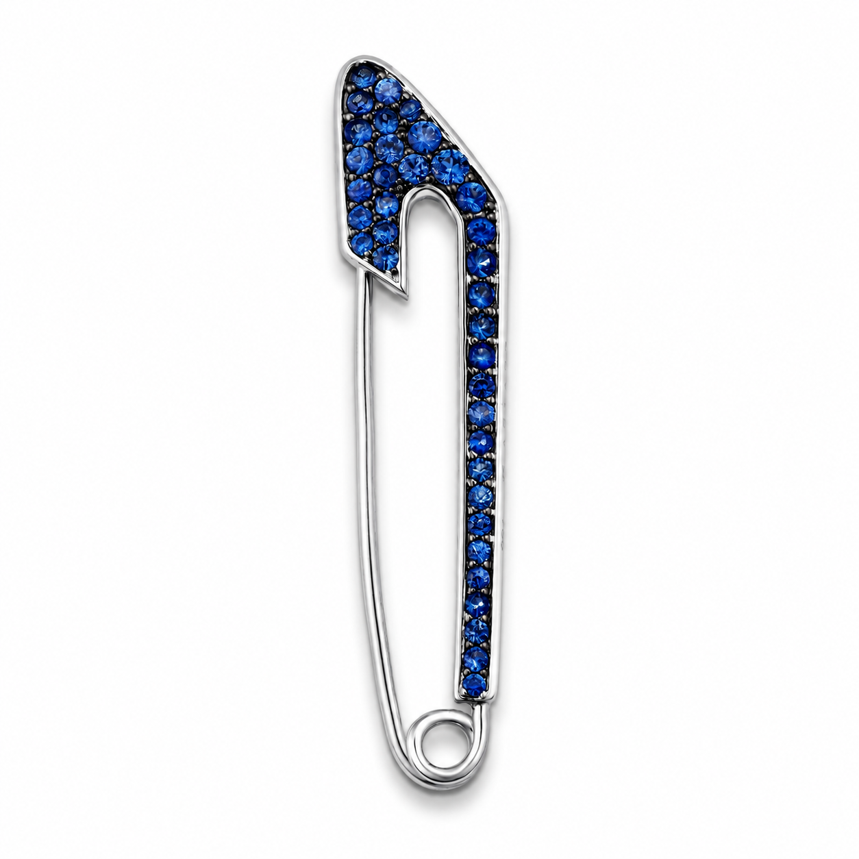 Leviev 18K white gold sapphire and diamond safety pin brooch front view functional clasp