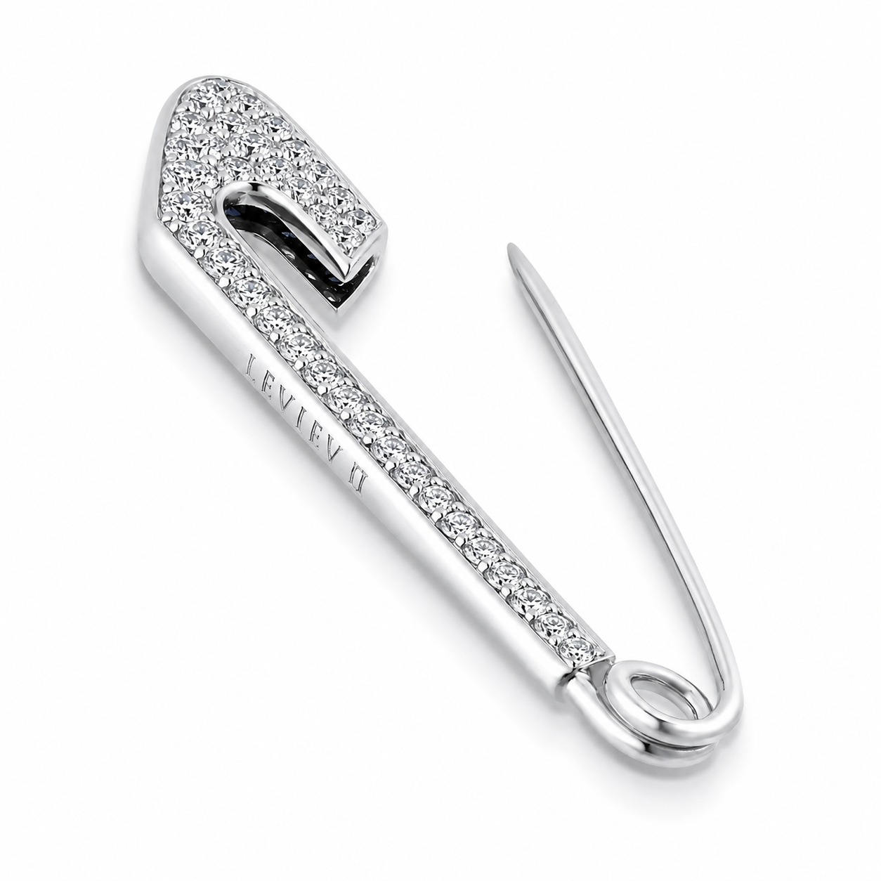 Leviev 18K white gold diamond safety pin brooch open clasp detail side engraving